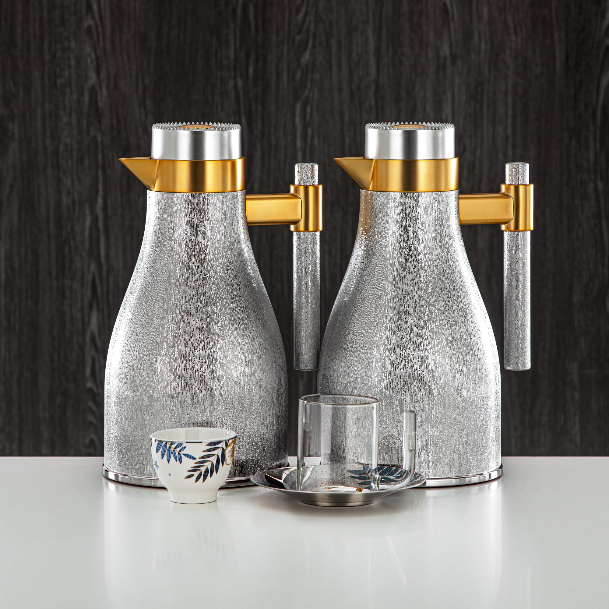 Almarjan Vacuum Flask & Tea Set Matt Silver & Matt Gold 20-Piece 1L + 1L (GOK-S-MS-MG + 18PCS-12196-2) – Elegant Serving | Ramadan & Gatherings