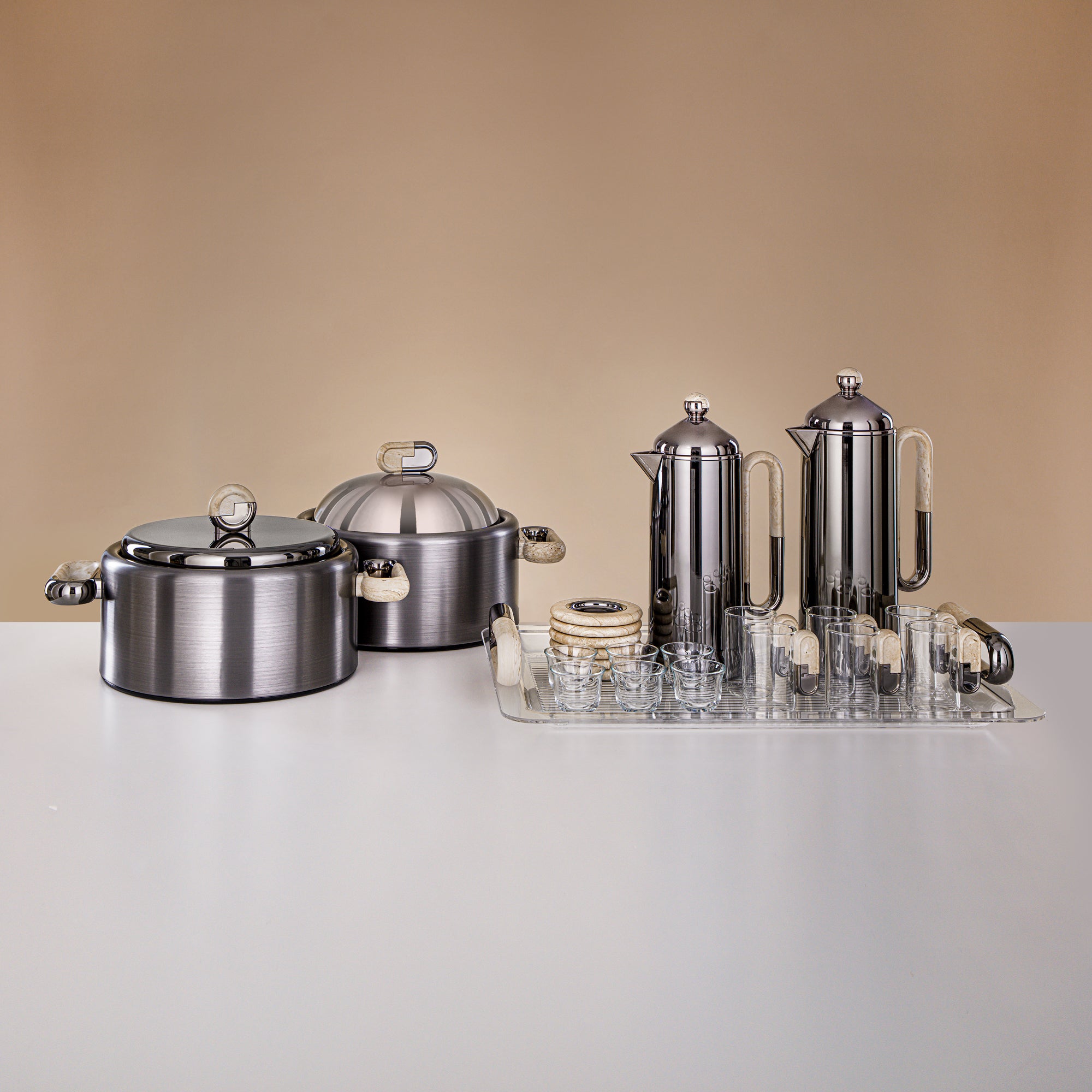 Almarjan 23 Pieces Serving Set, Gun Black & Travertine Marble