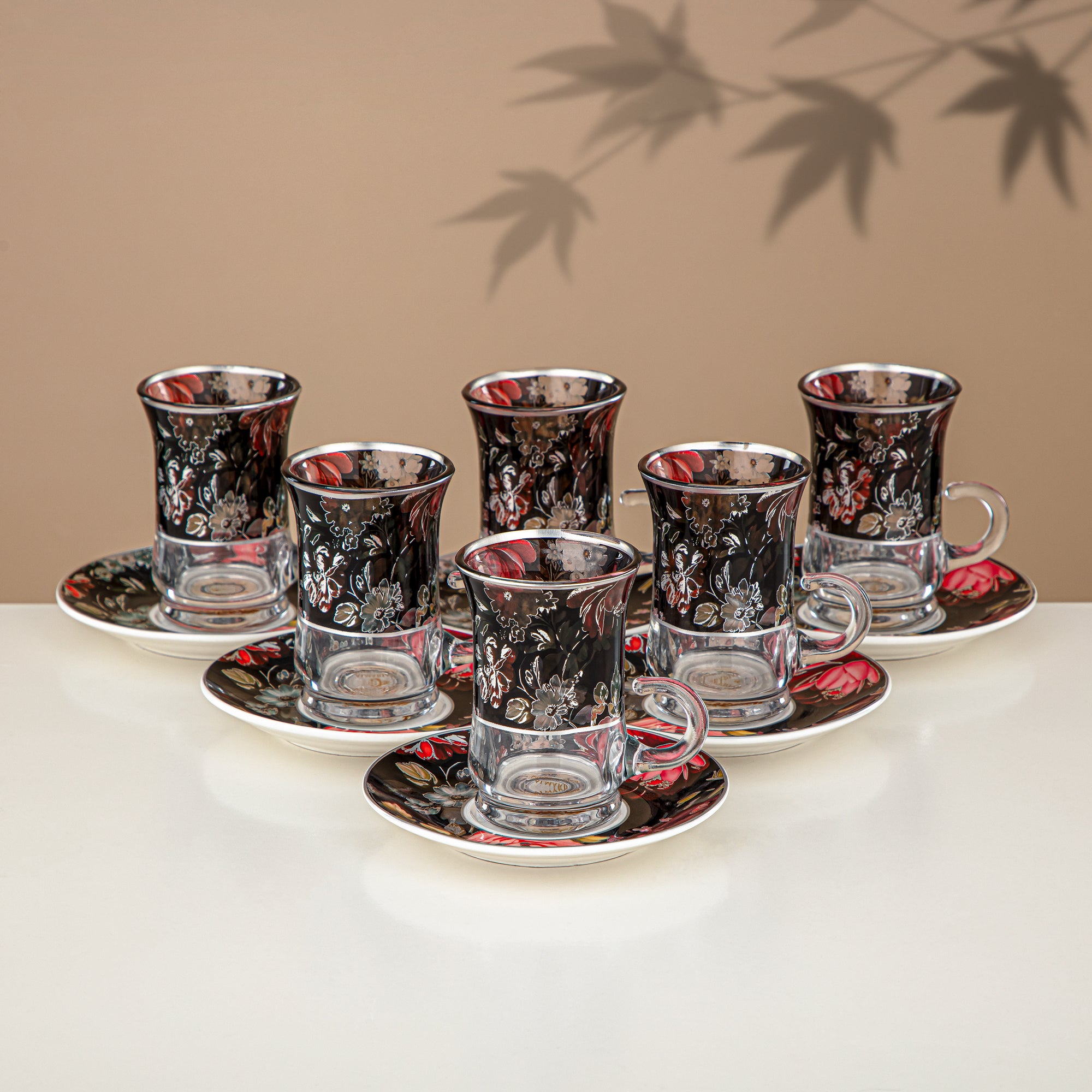 Almarjan Vacuum Flask Set 24 Pieces, 1L + 1L, Floral & Matt Silver (24-JBH-TR-AZ04S) - Tea & Coffee Complete Set