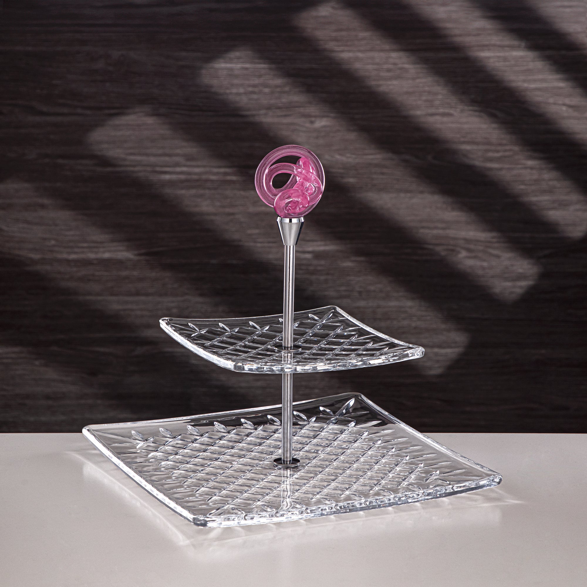 Almarjan Serveware Glass 2-Tier Square Clear with Pink Knot