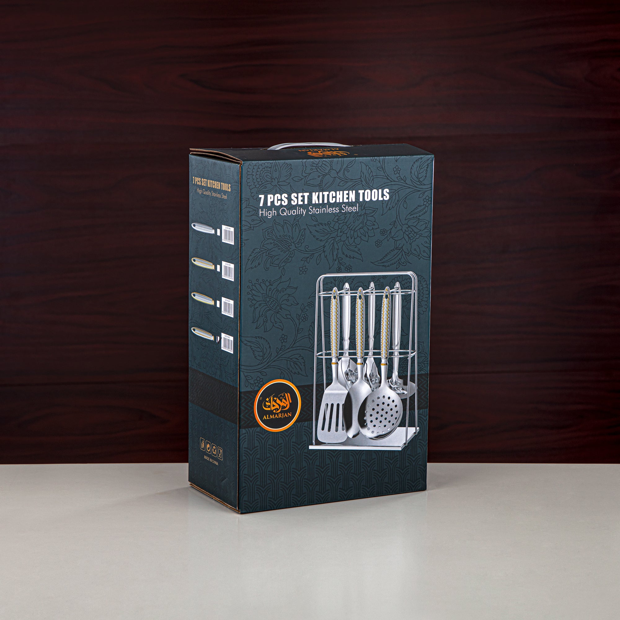 طقم أدوات مطبخ المرجان 7 قطع، ستانلس ستيل، مع حامل، فضي وذهبي (CUT0010470) أدوات مائدة أنيقة