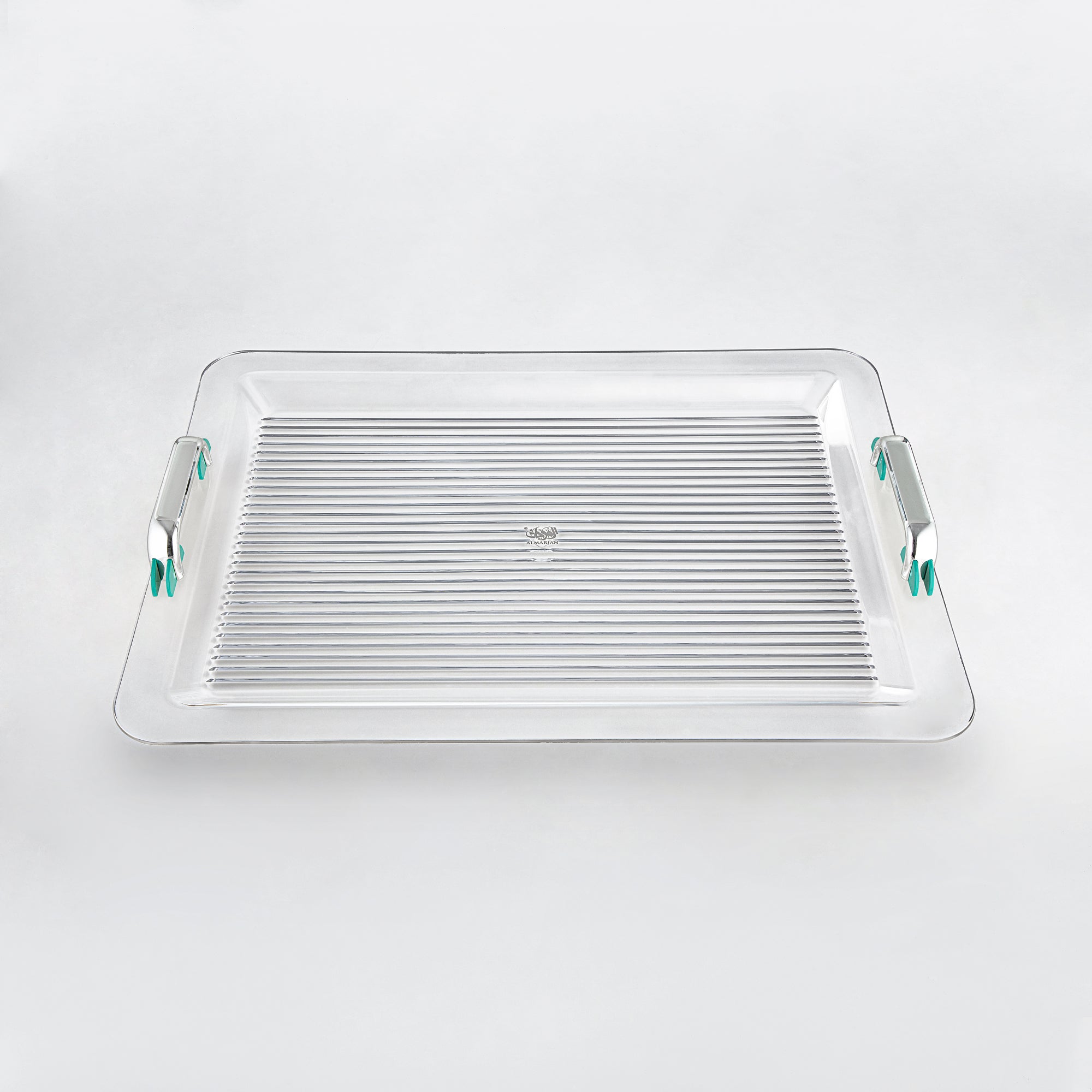 Almarjan Serving Tray 55CM, Acrylic, Silver & Tiffany Green Handle (FB06-550 TF/C) Ramadan Serveware