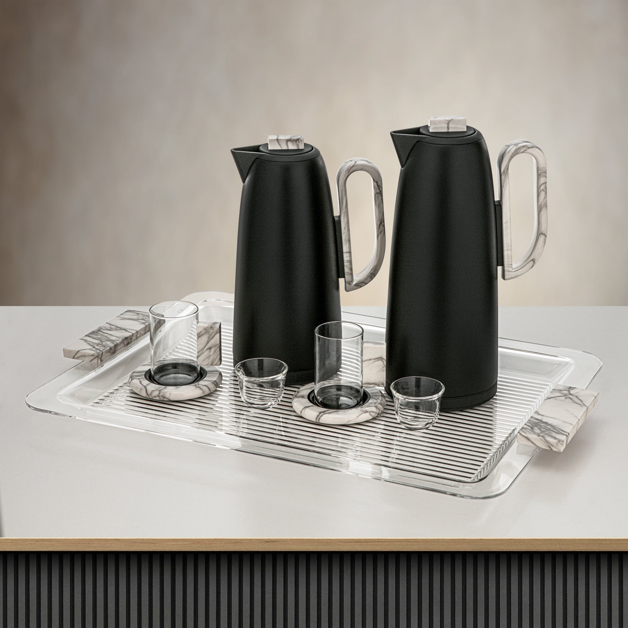 Almarjan Tea & Coffee Set 21 Pieces Matt Black & Marble
