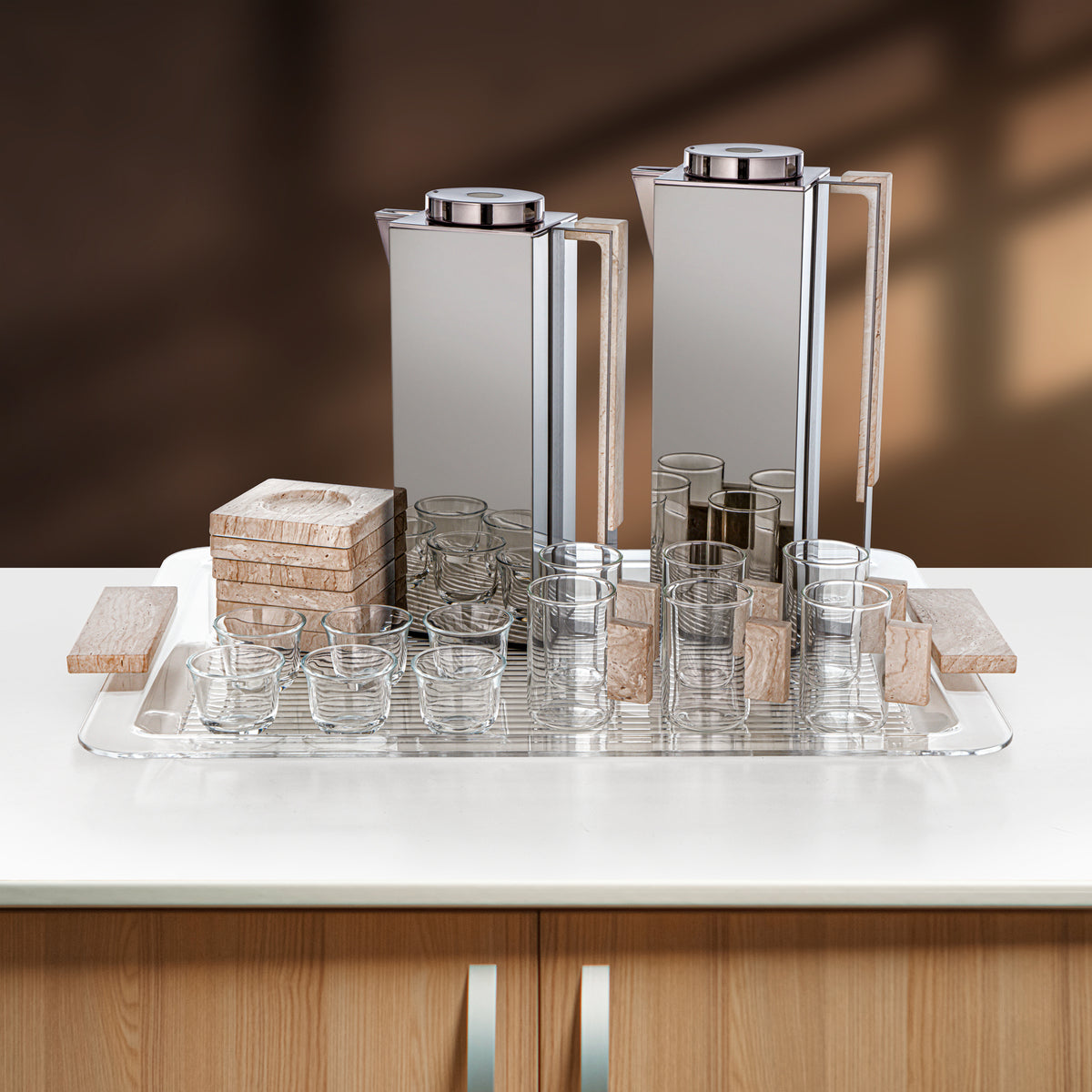Almarjan 21 Pieces Tea & Coffee Set, Gun Black & Travertine Marble