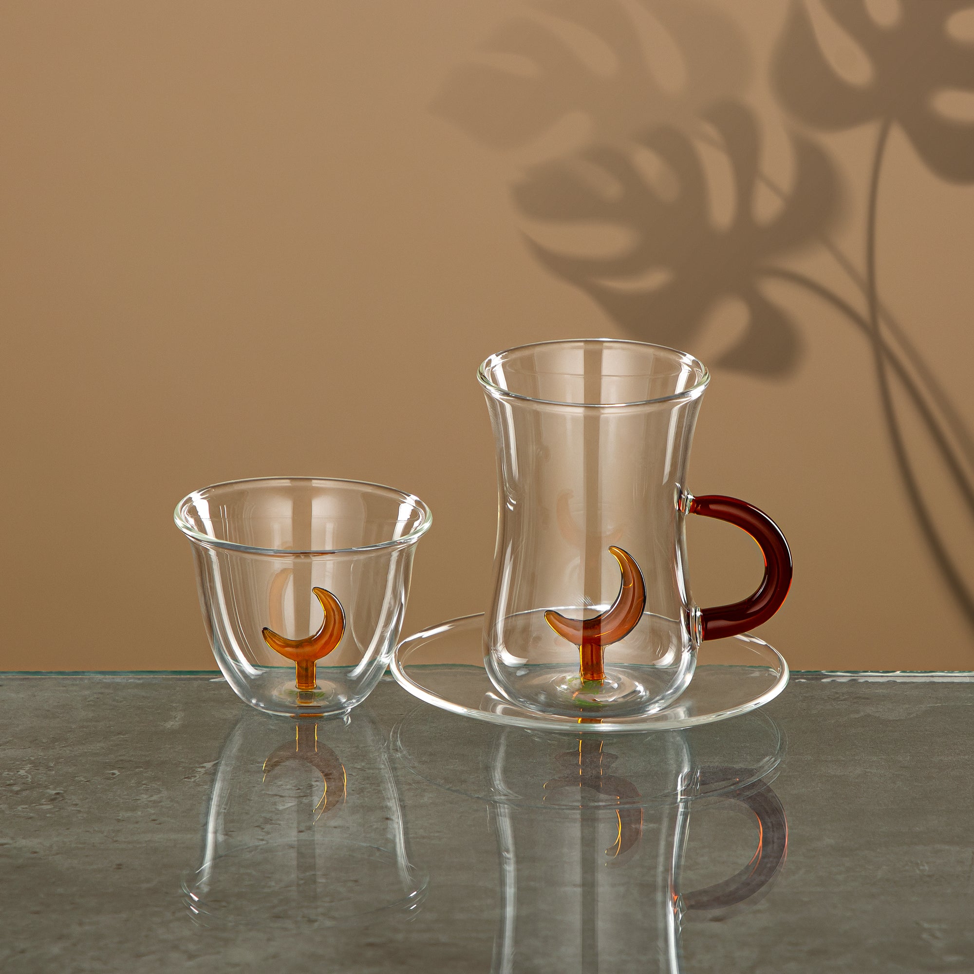 Almarjan Tea & Coffee Set 18 Pieces, Borosilicate Glass, Clear & Amber (GLS0010171) - Moonrise Collection
