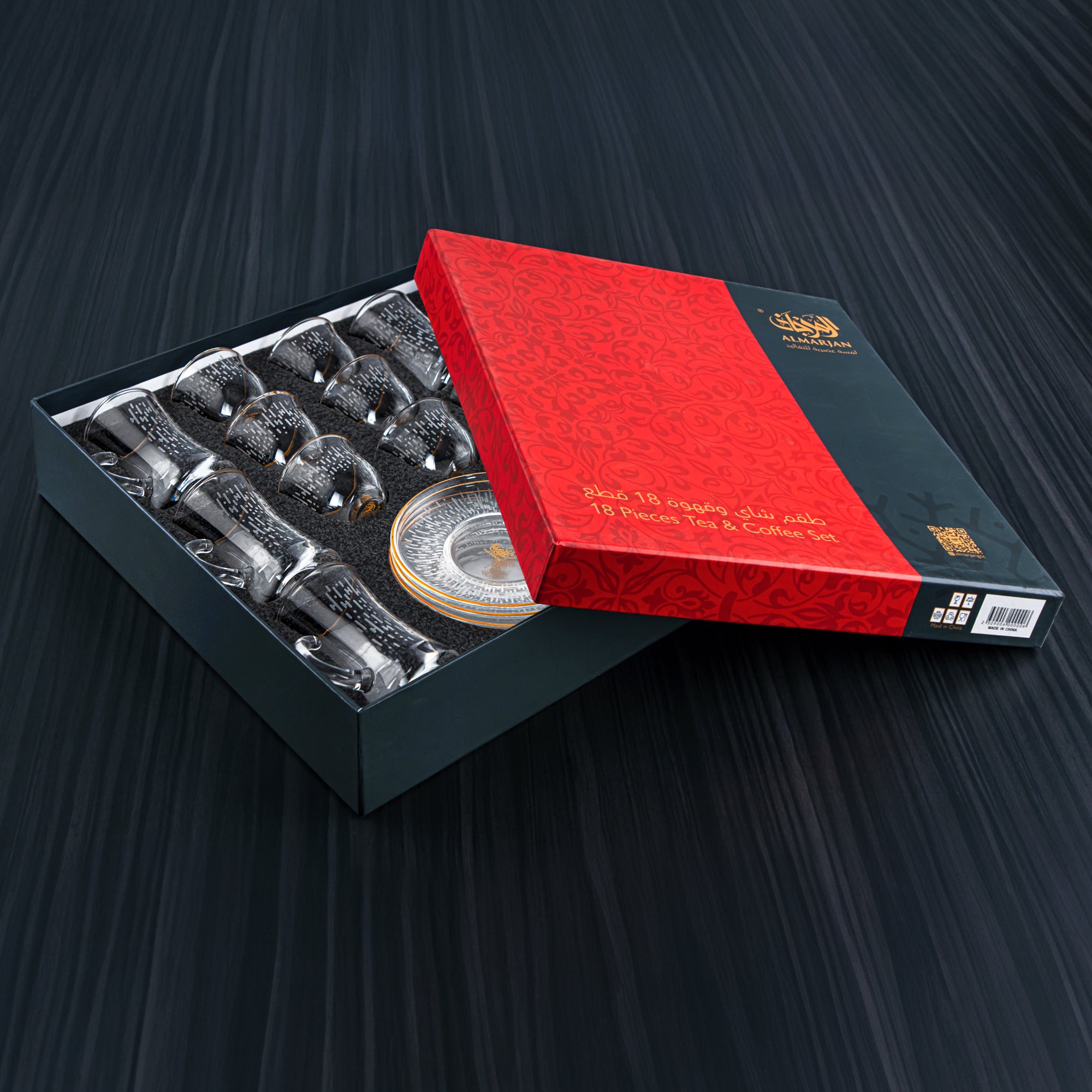 المرجان طقم شاي وقهوة زجاجي 18 قطعة من مجموعة لوفيا بإطار ذهبي - GLS2630024