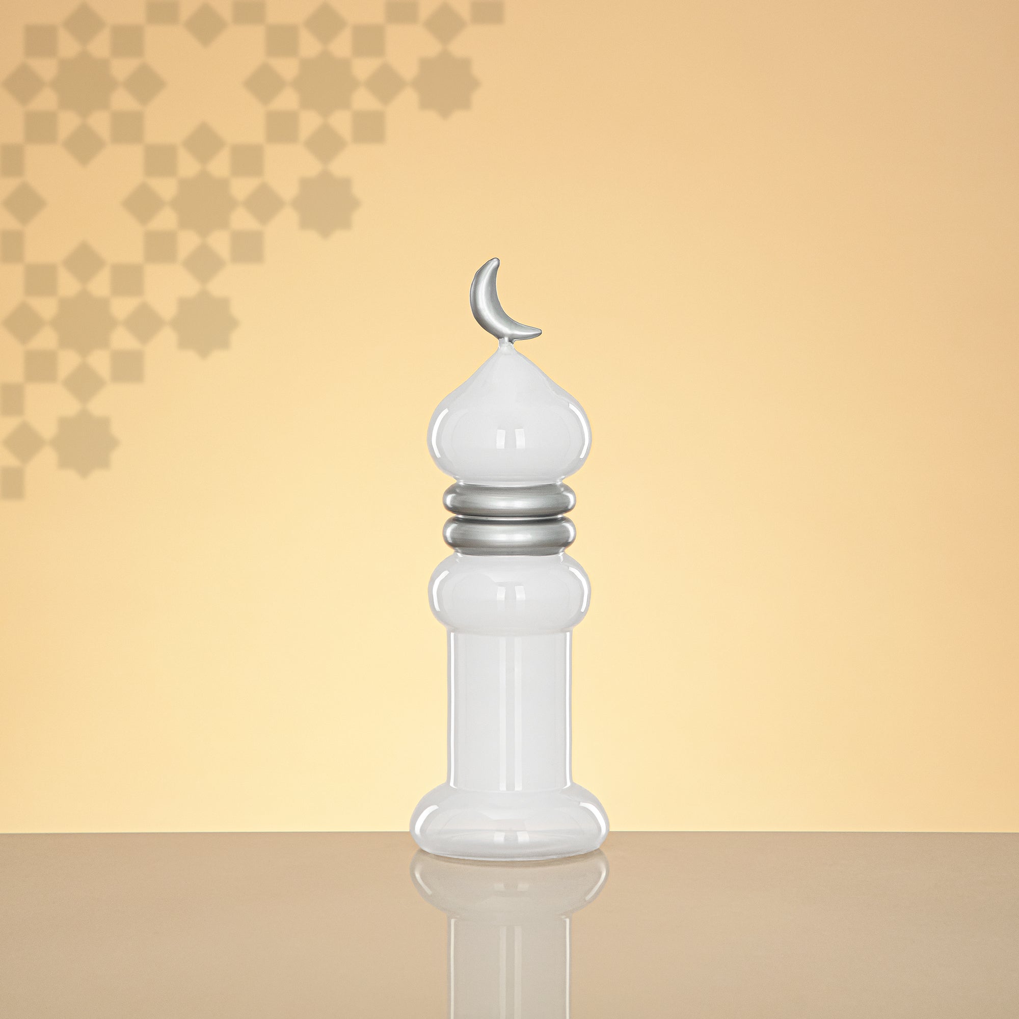 المرجان مئذنة زينة طاولة 24cm x 8cm أبيض مع خطوط فضية وهلال – Noor Al Layali