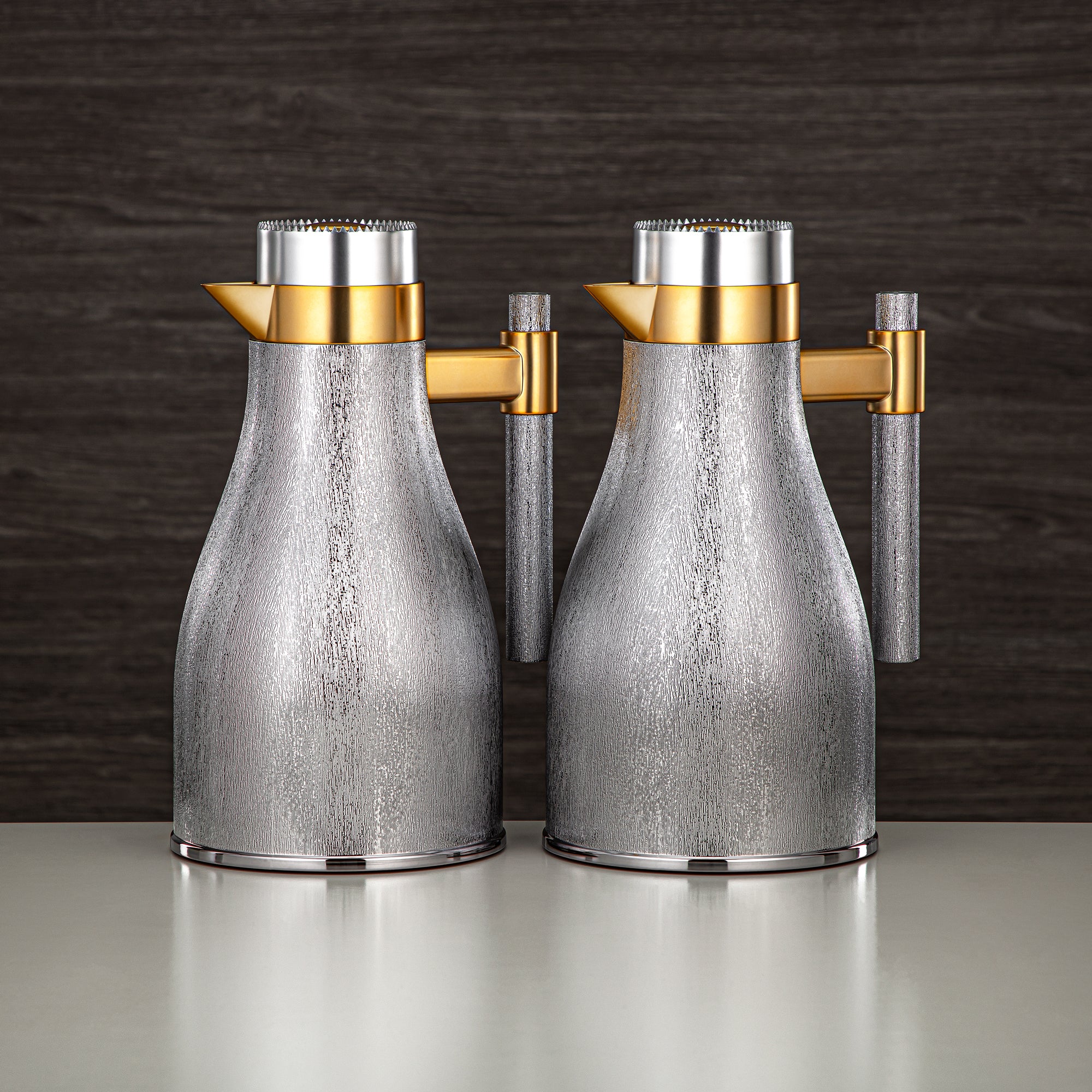 Almarjan Vacuum Flask Set ABS Push Button 1L + 1L Matt Silver & Matt Gold (GOK-S-MS-MG) - Elegant Serving
