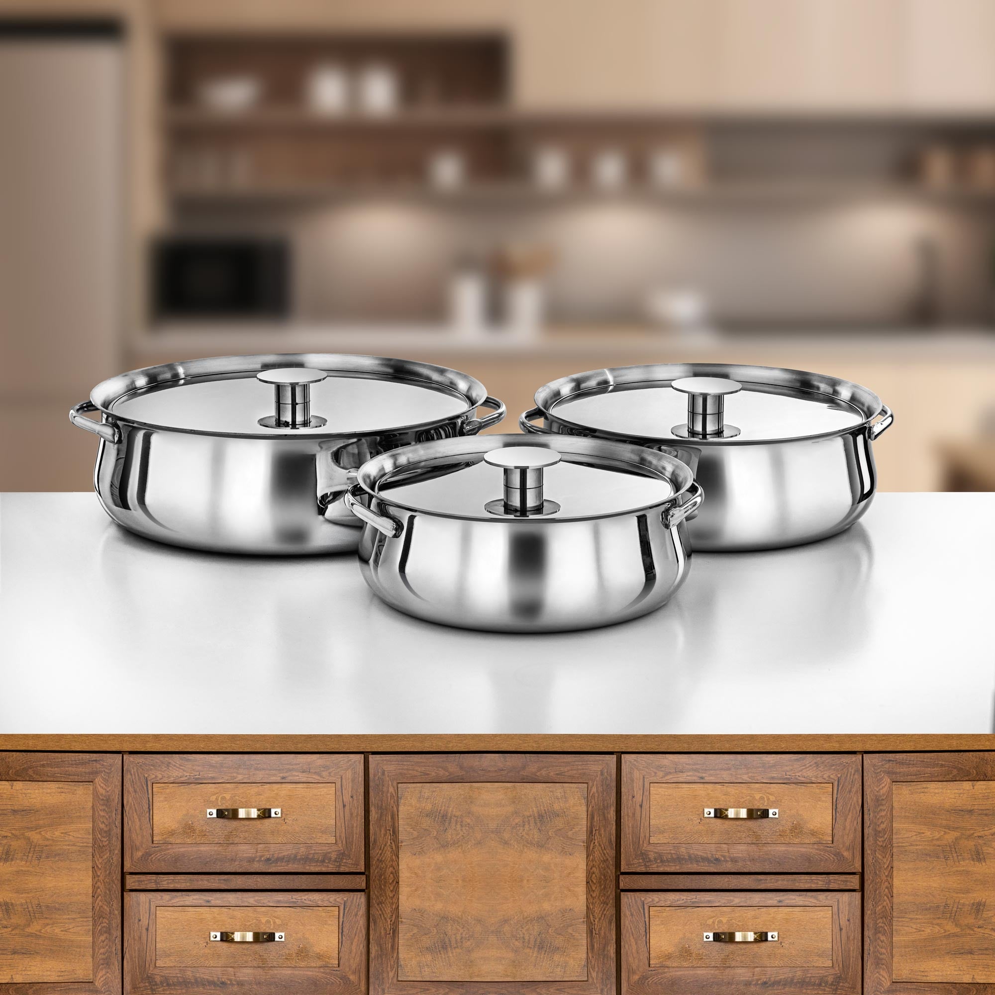 طقم حرارات المرجان ستانلس ستيل 25cm + 30cm + 35cm فضي (H25P15)