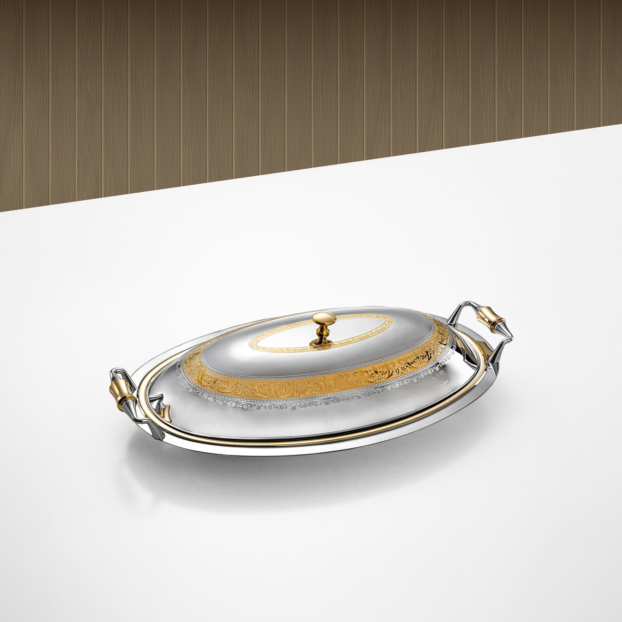 Almarjan Oval Serving Tray with Cover 46cm Silver & Gold