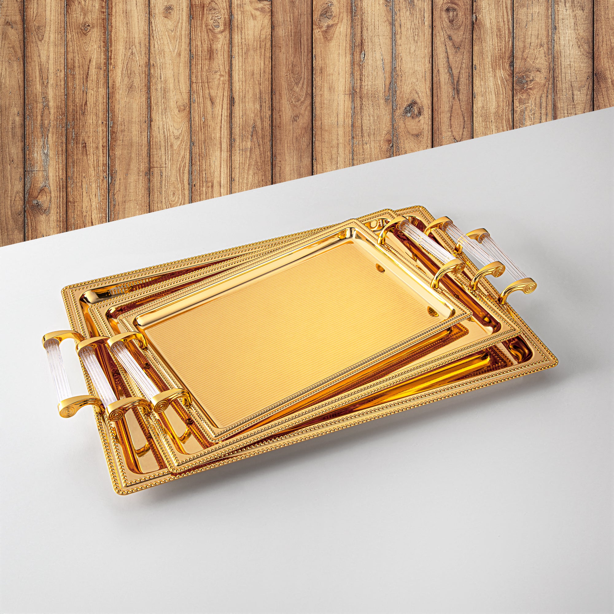 Almarjan Serving Tray Set - 3 Pieces, Golden (576XLLM-FG) | Ramadan & Special Occasions