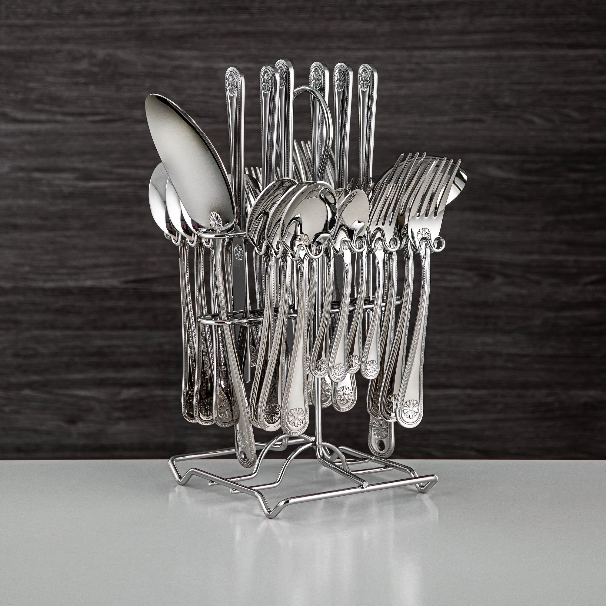 Almarjan Cutlery Set 32 Pieces, Stainless Steel, With Stand, Silver (CUT0010357) Elegant Cutlery Set