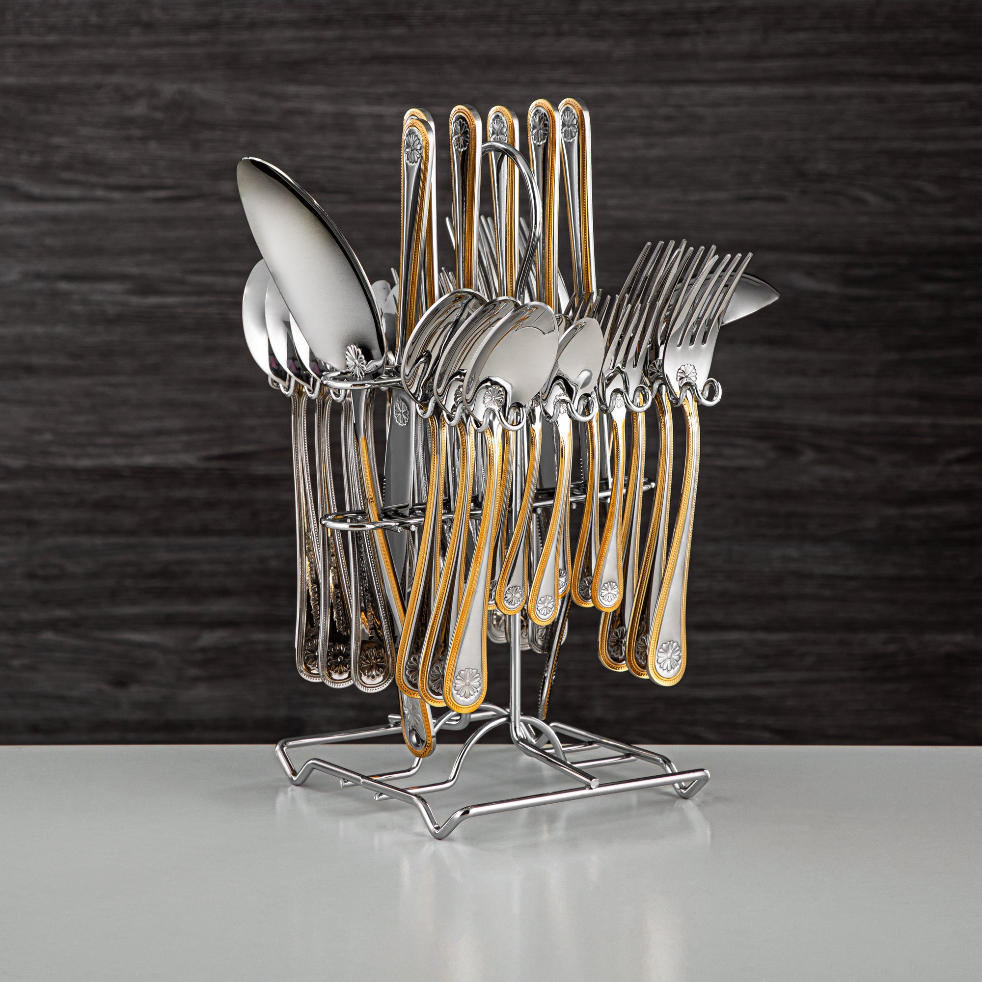 Almarjan Cutlery Set 32 Pieces, Stainless Steel, With Stand, Silver & Gold (CUT0010359) Elegant Cutlery Set