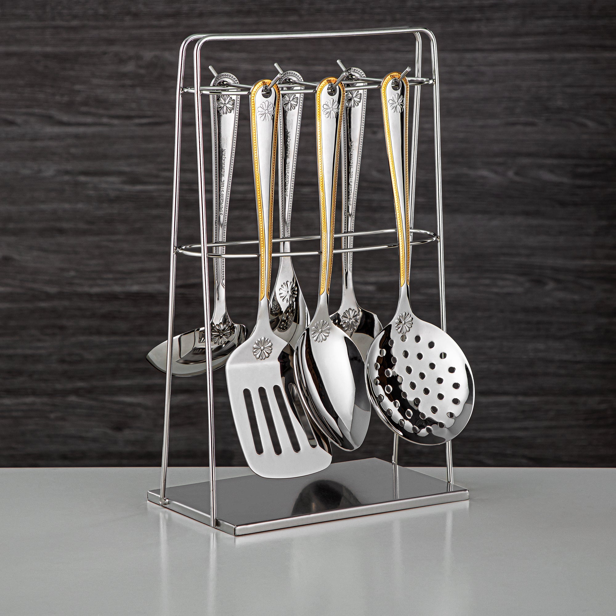 Almarjan Kitchen Tool Set 7 Pieces, Stainless Steel, With Stand, Silver & Gold (CUT0010383) Elegant Flatware