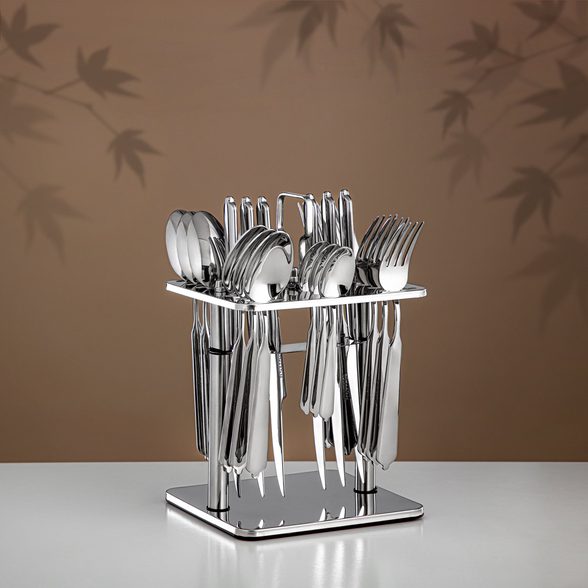 Almarjan 24-Piece Stainless Steel Cutlery Set with Stand – Mirror Finish, Silver CUT1620025