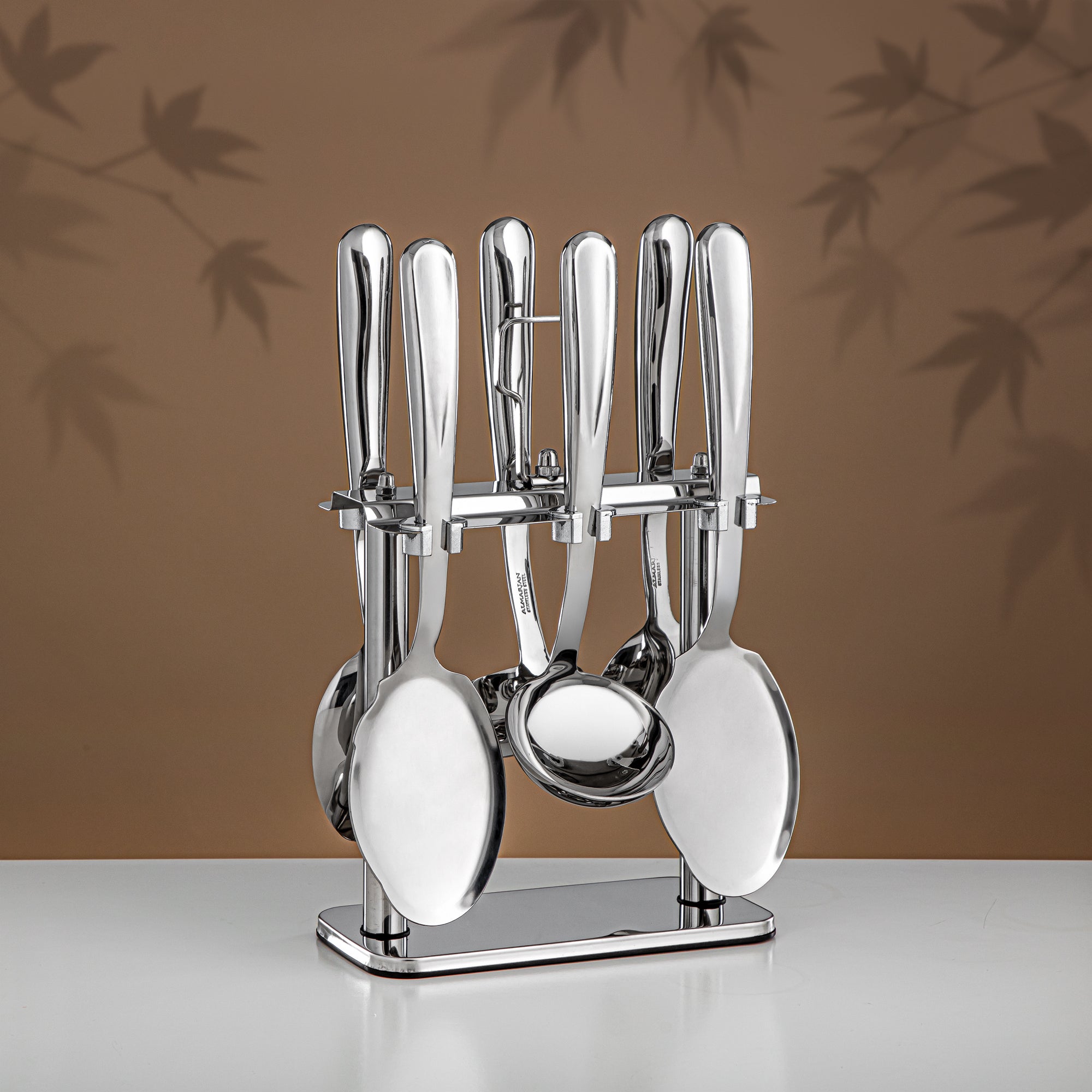 Almarjan Kitchen Tools Set 7 Pieces, Stainless Steel, with Stand, Silver (CUT1620080) - Elegant Serveware