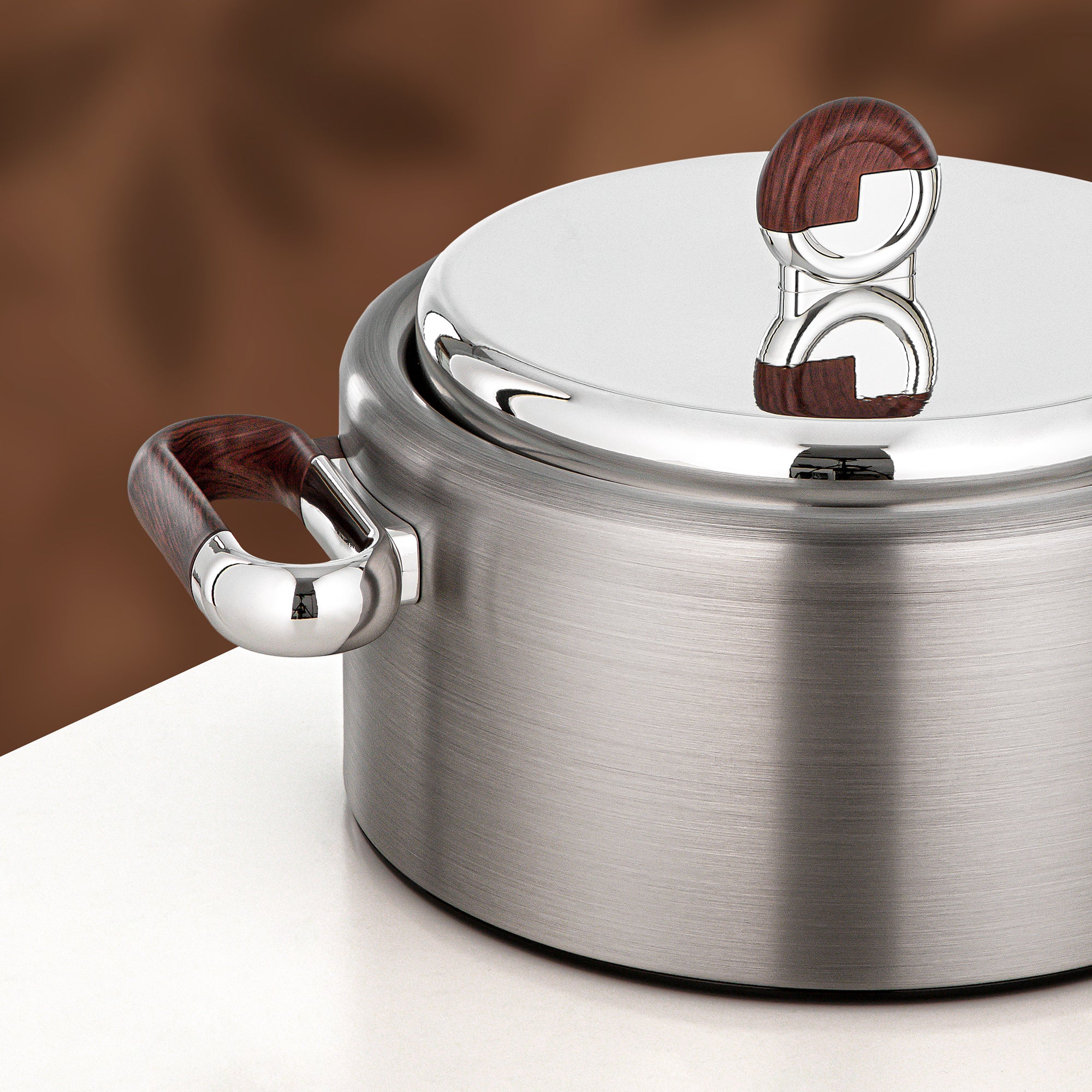 Almarjan 2 Pieces Hot Pot Set, Brushed Matt Silver & Dark Wood