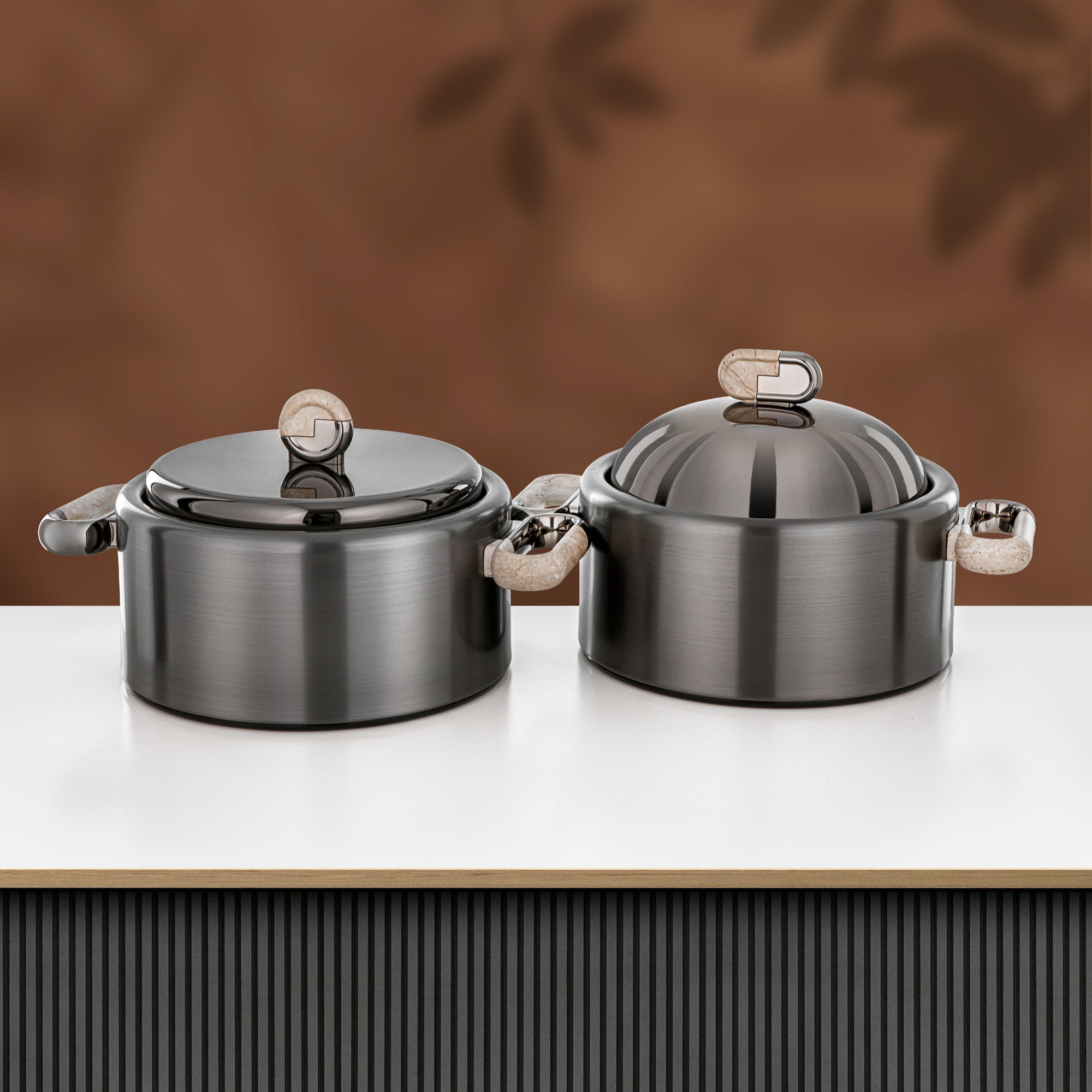 Almarjan 2 Pieces Hot Pot Set, Brushed Matt Gun Black & Travertine Marble