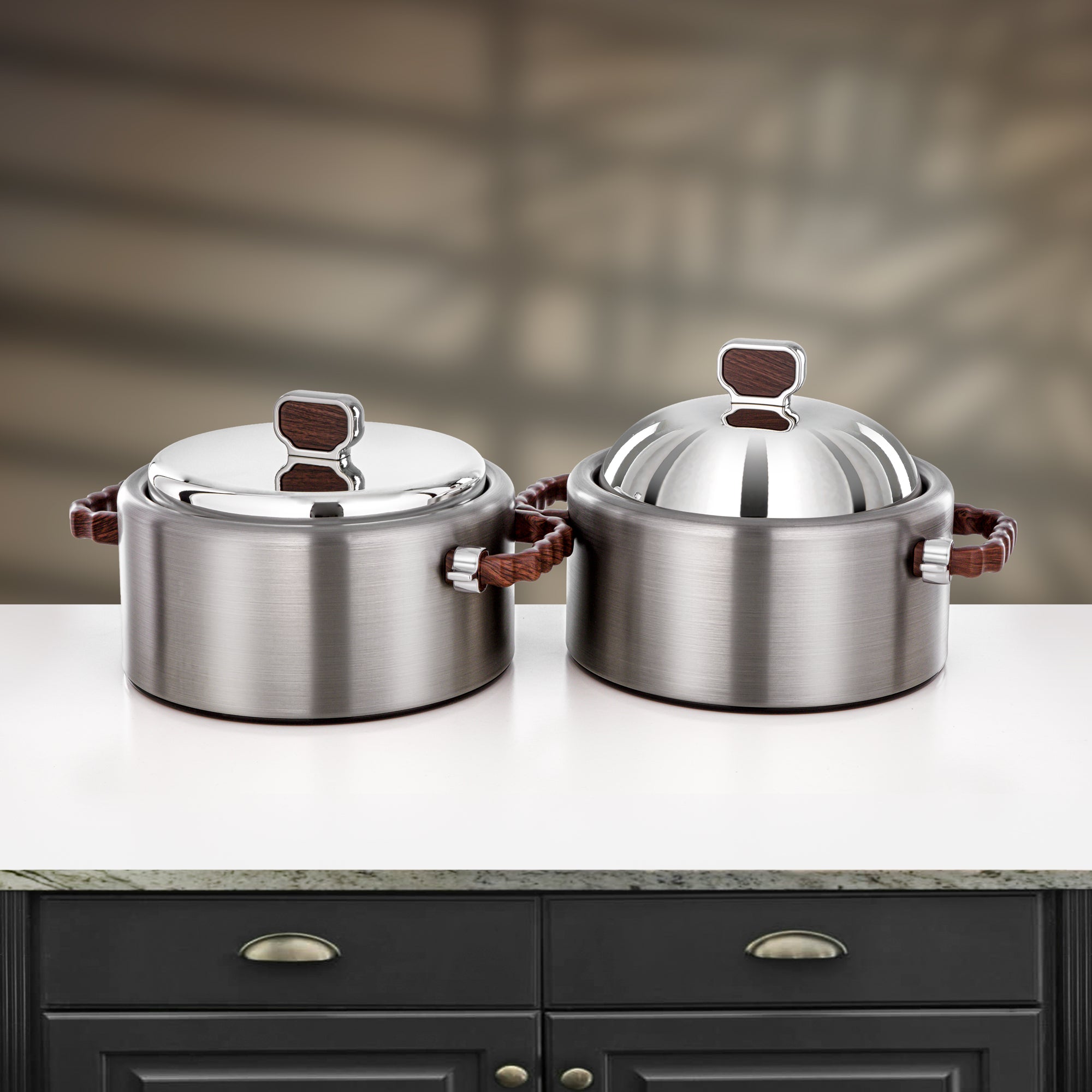 Almarjan 2 Pieces Hot Pot Set, Brushed Matt Silver & Dark Wood