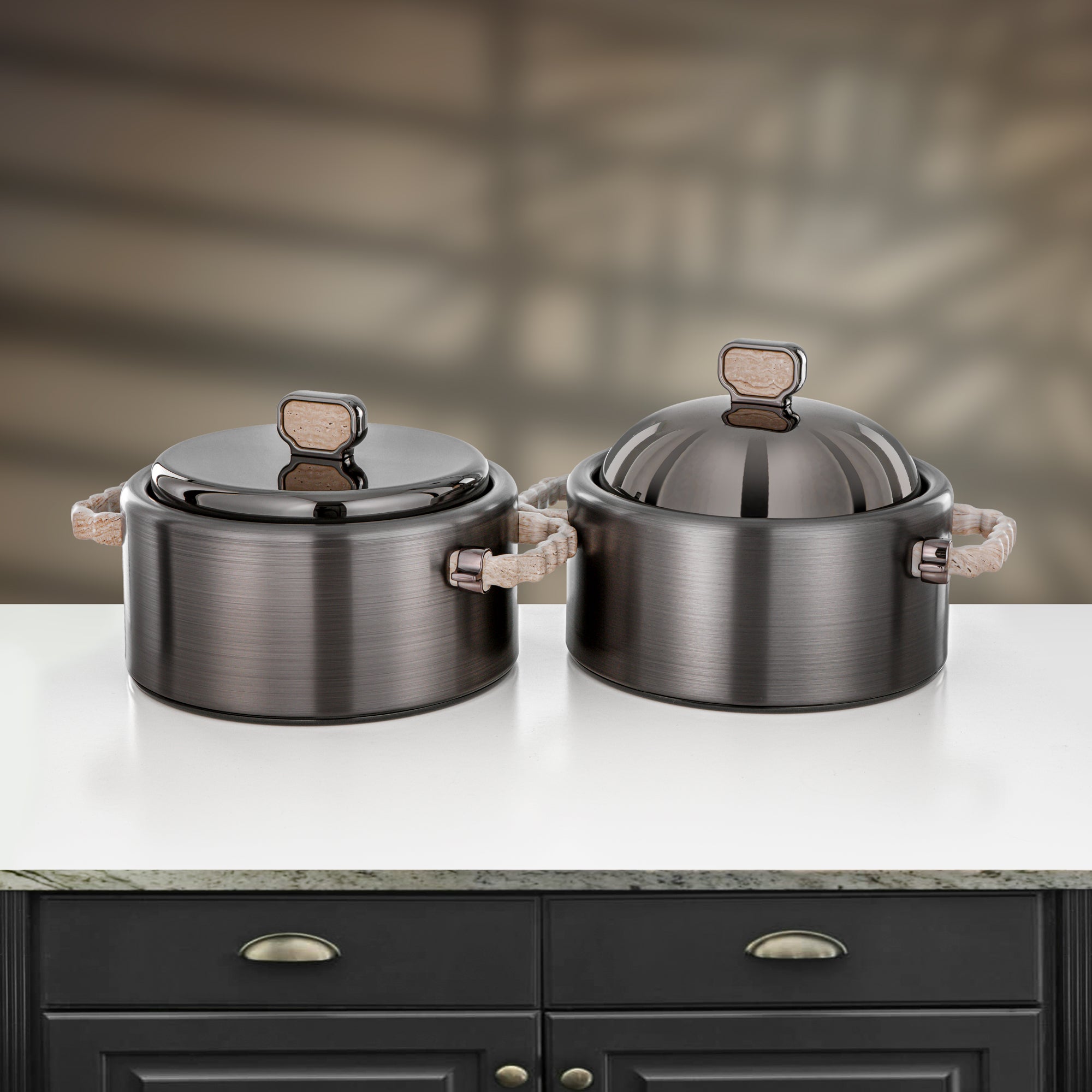 Almarjan 2 Pieces Hot Pot Set, Brushed Matt Gun Black & Travertine Marble
