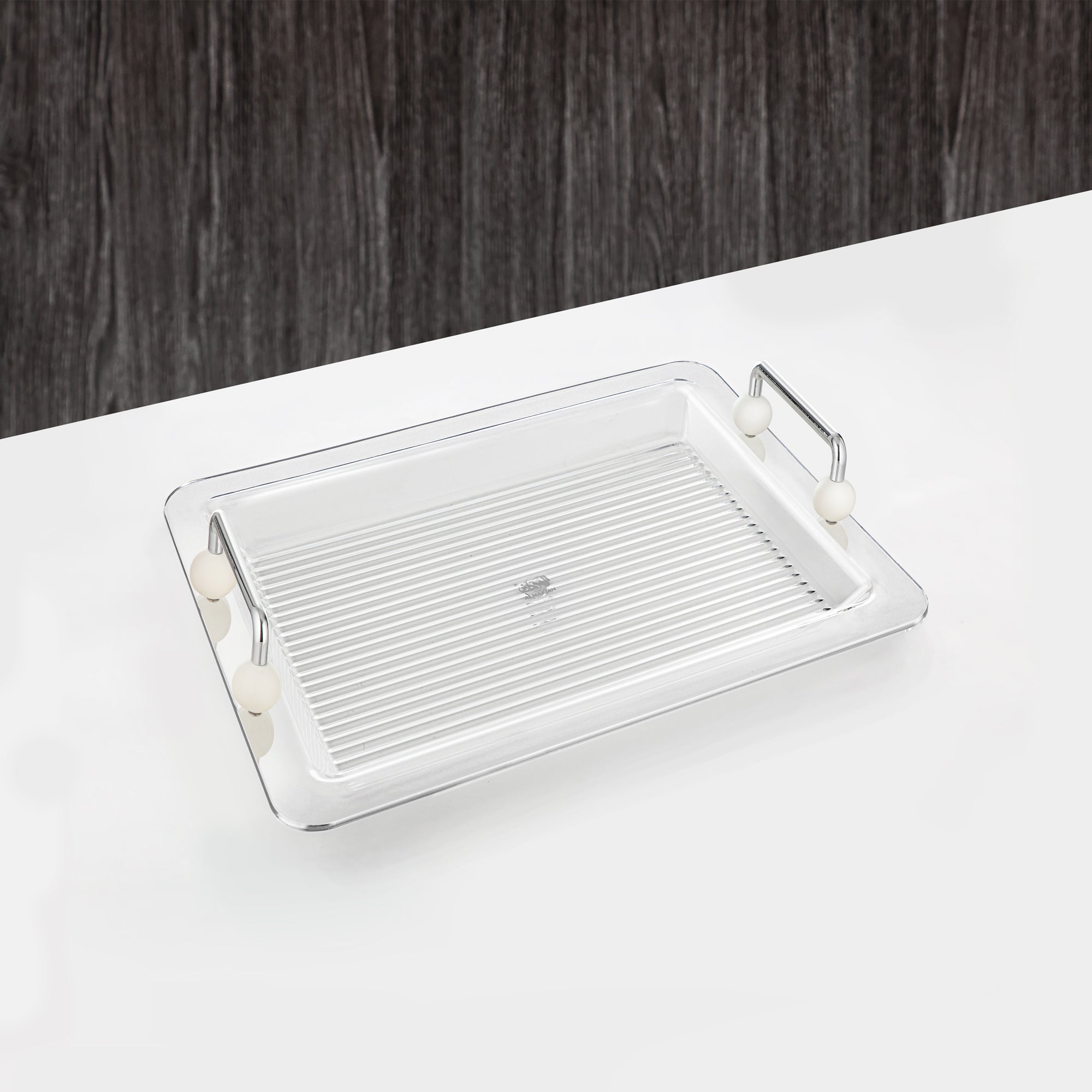 Almarjan Serving Tray 45CM, Acrylic, Silver & Pearl White Handle (FB03-450 PW/C) Ramadan Serveware