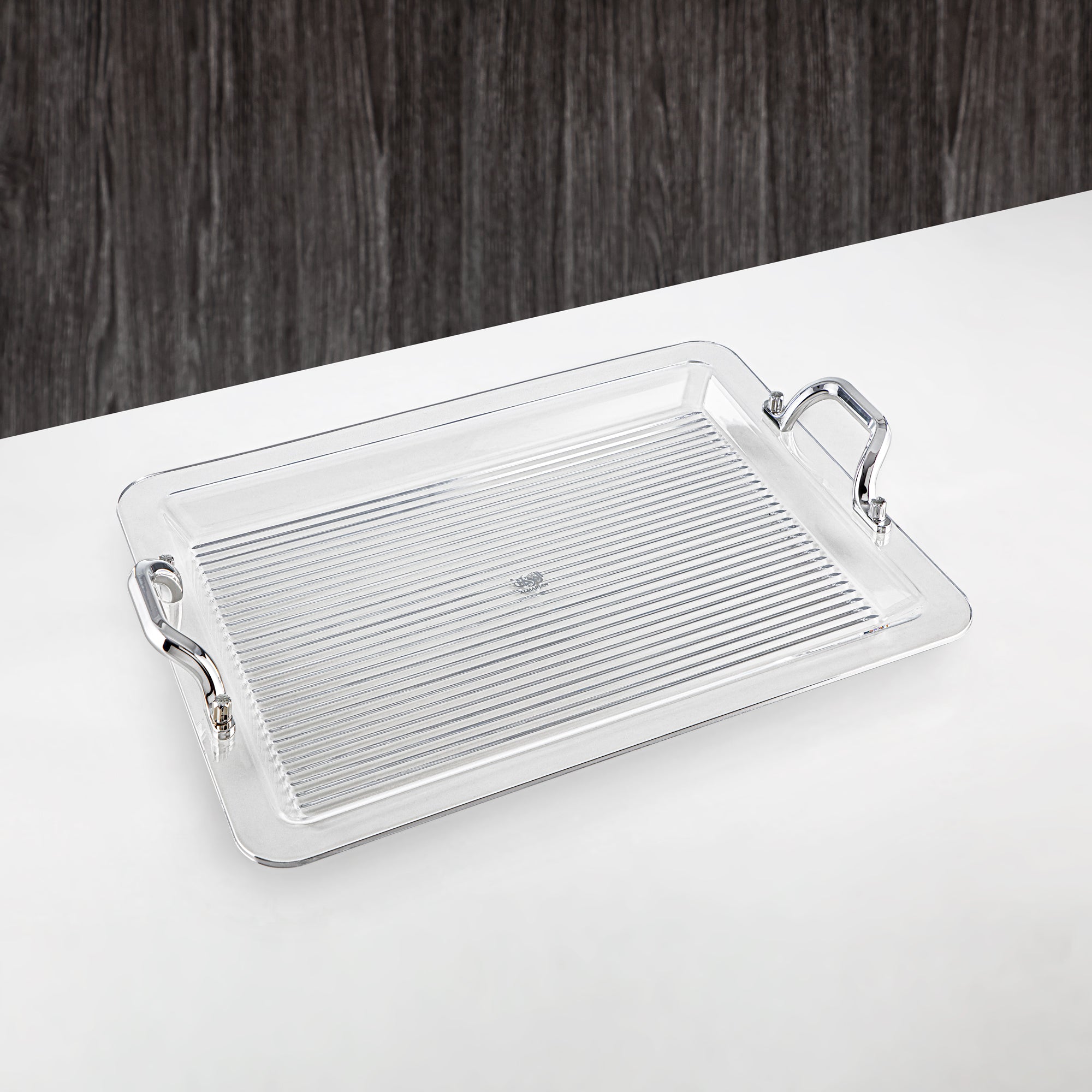 Almarjan 55CM Acrylic Serving Tray, Clear & Silver | FB07-550 ALLC