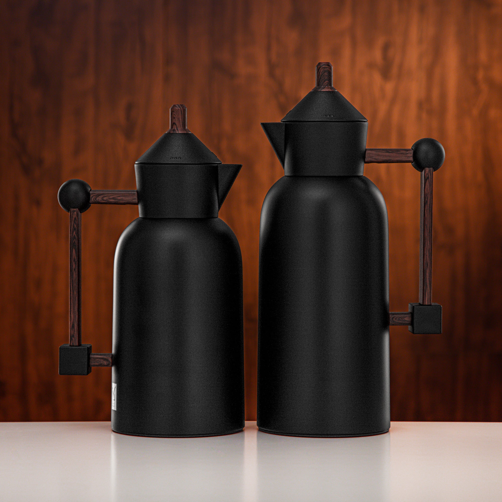 Almarjan Vacuum Flask Set 0.7L + 1L Matt Black & Dark Wood