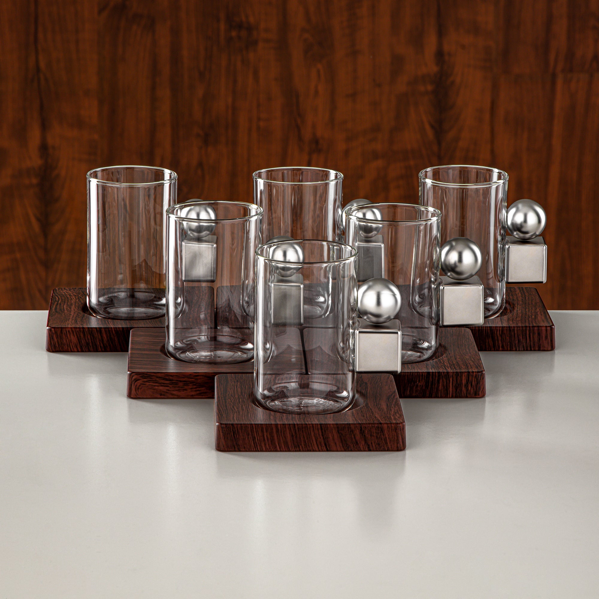 طقم شاي المرجان ١٨ قطعة بلمسة النيكل غير اللامع والخشب الداكن