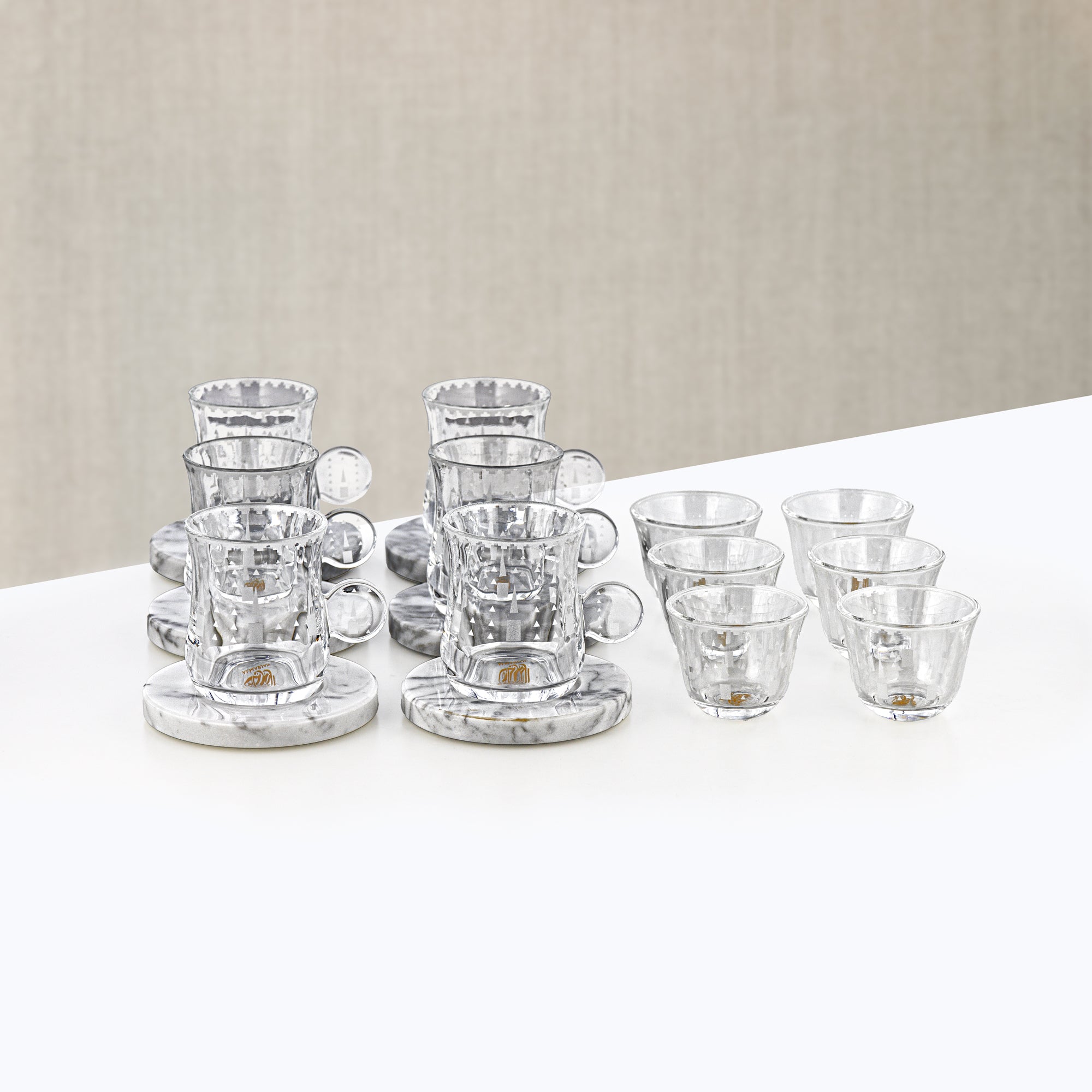 Almarjan Tea & Arabic Coffee Set 18 Pieces Clear Glass & Marble