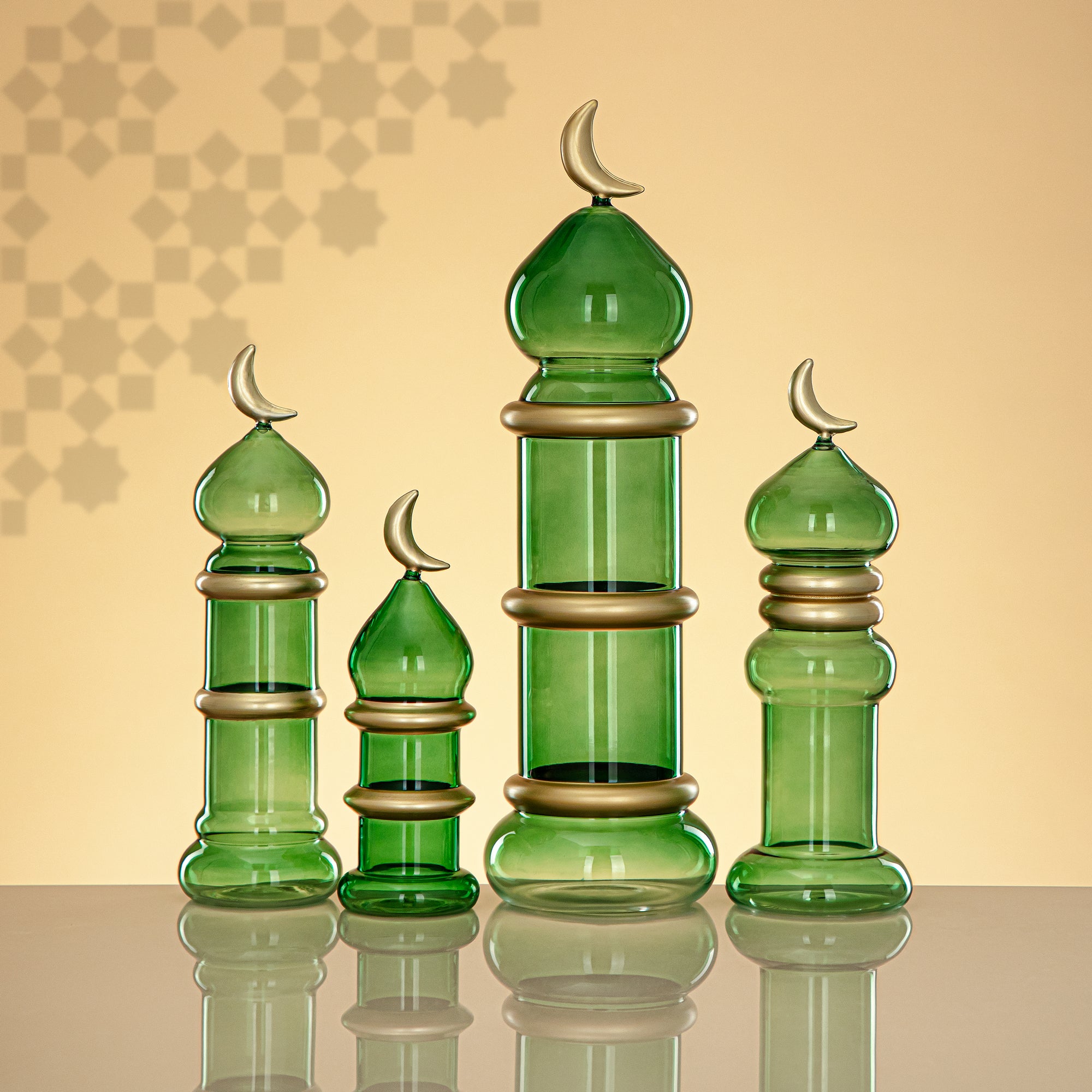 Almarjan Minaret Table Decoration 24cm x 7cm Transparent Green with Golden Lines & Crescent Moon – Noor Al Layali