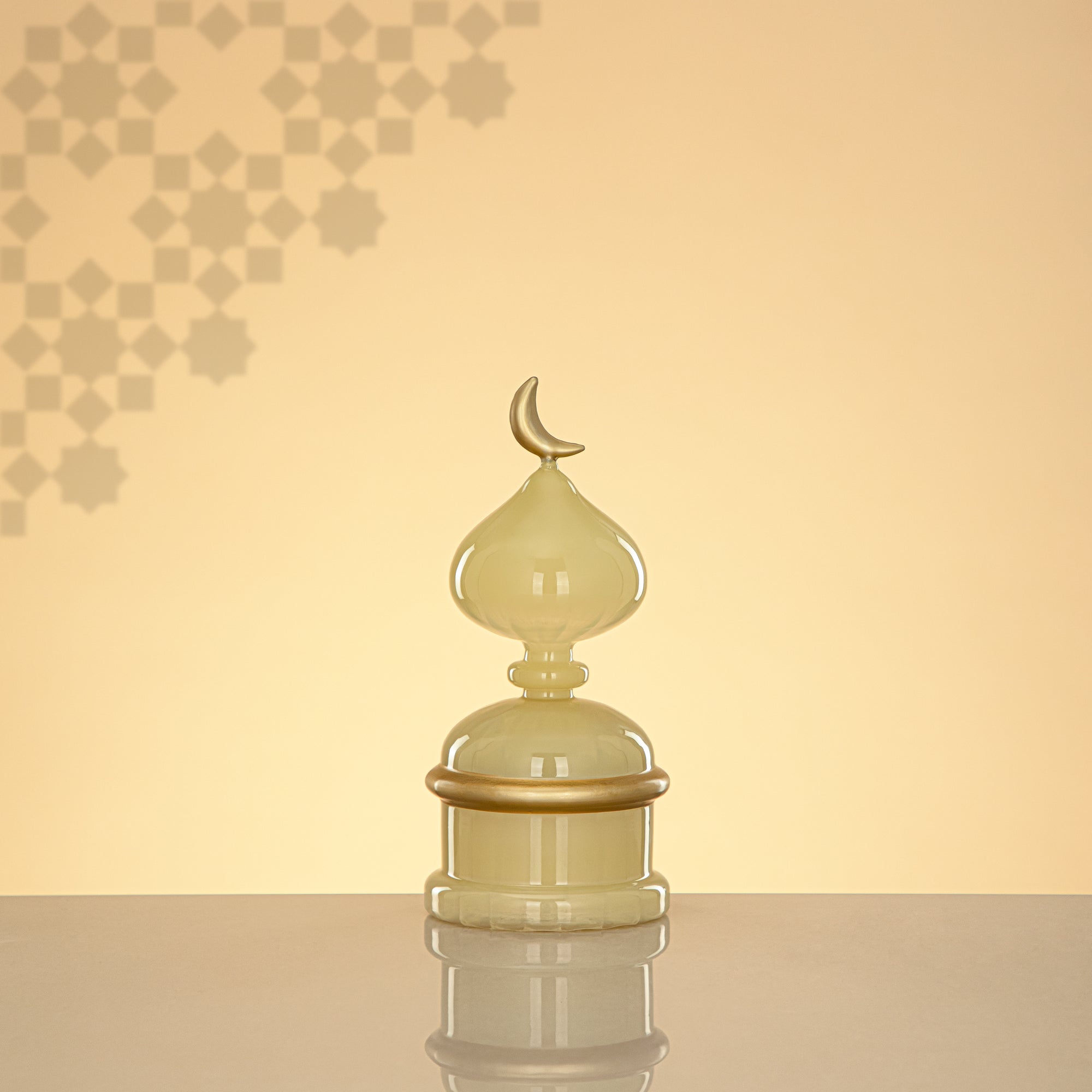 Almarjan Minaret Table Decoration 22cm x 10cm Ivory with Golden Lines & Crescent Moon – Noor Al Layali