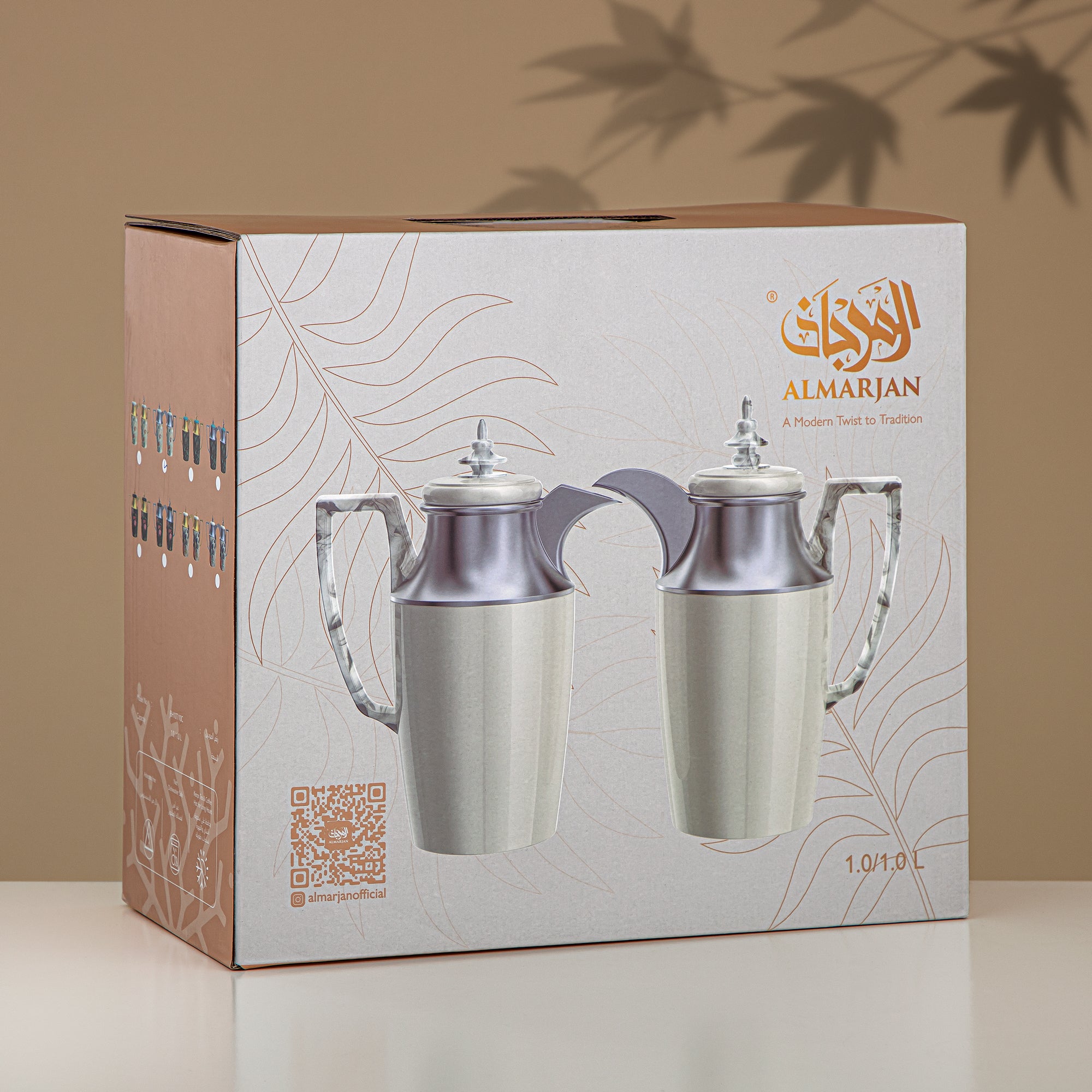 Almarjan Vacuum Flask Set, Push Button, 1L + 1L, Floral & Matt Gold (JBH10T/10C-AZ05G) - Tea & Coffee Vacuum Flask