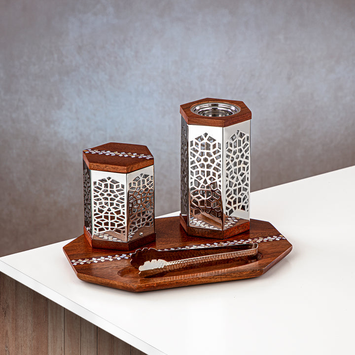 Almarjan 4 Pieces Incense Burner Set Wood & Silver - MD-266 A