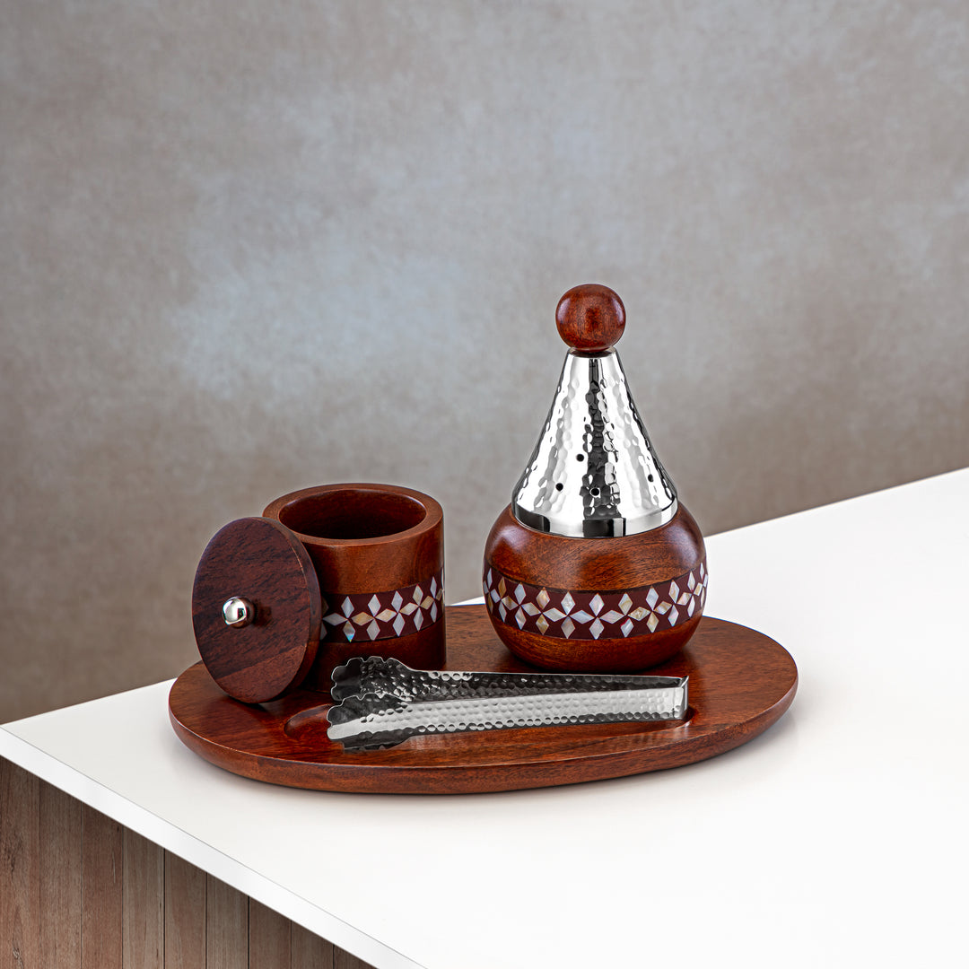 Almarjan 4 Pieces Incense Burner Set Wood & Silver - MD-268 A