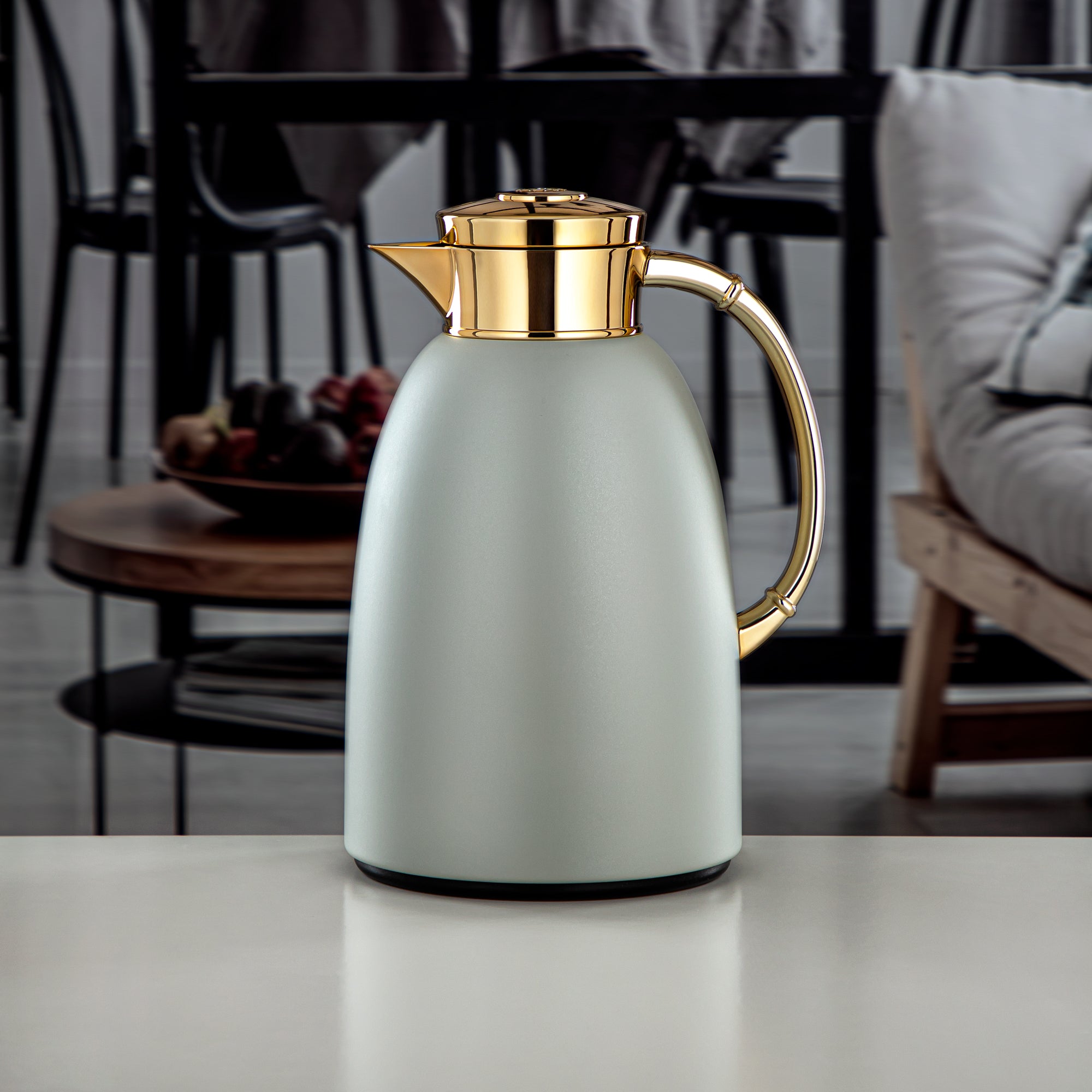 Almarjan Vacuum Flask 1.6L (QVC-1600Q265YZC95) - Push Button, Stone Grey & Gold | Modern Serveware