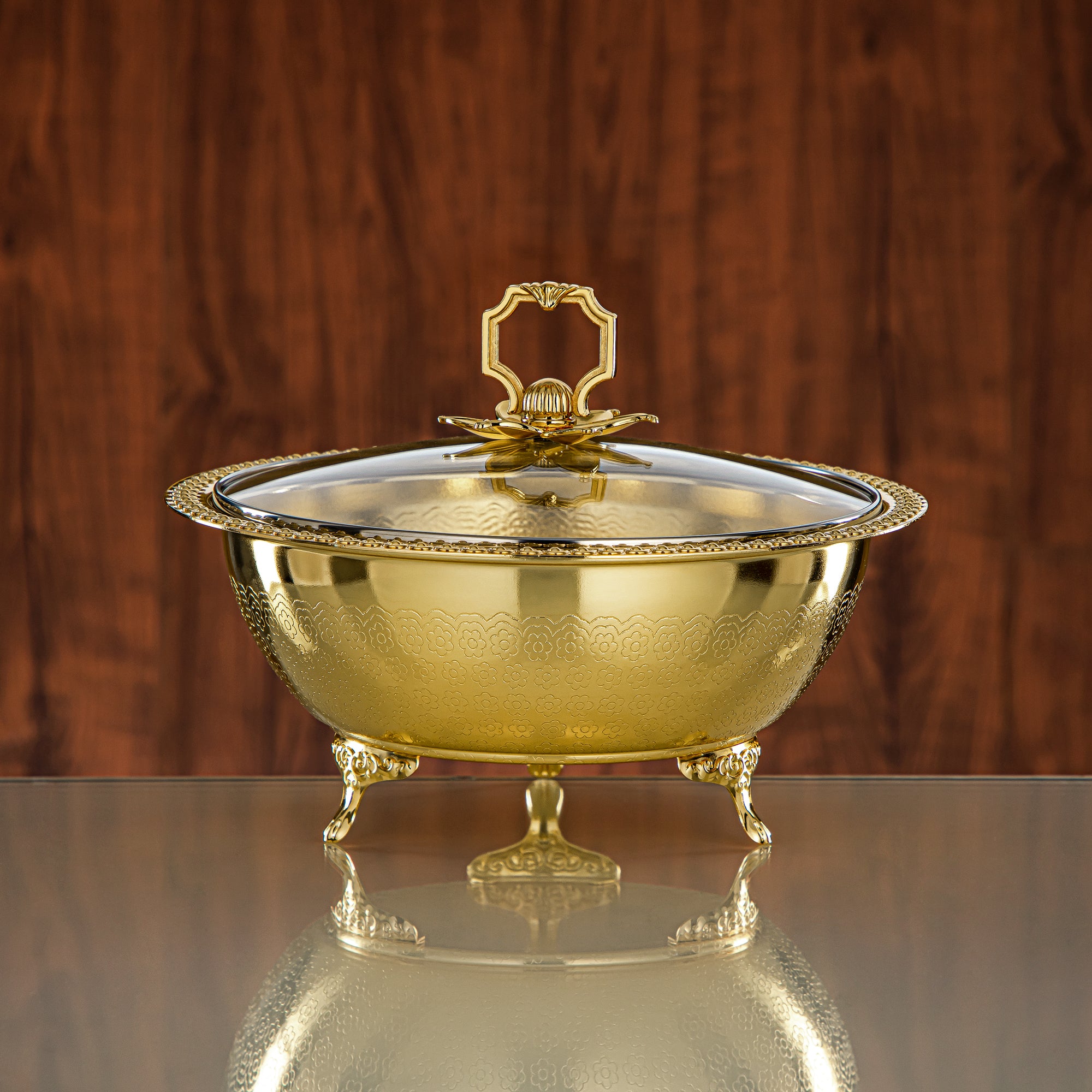 Almarjan Brushed Gold Date Bowl with Glass Cover – 23 CM