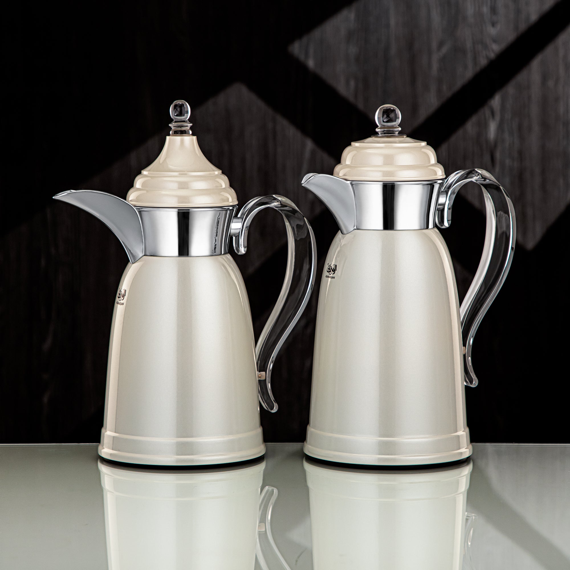 Almarjan Vacuum Flask Set - 0.7L & 1L, Pearl White & Silver Finish, Metal (SM-2A29-070/100 PW/C) - Classic, Tea & Coffee