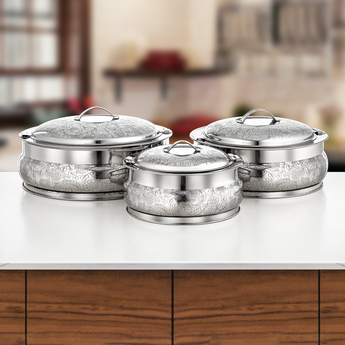Almarjan 3 Pieces Shamsa Hot Pot Set, Mirror Silver