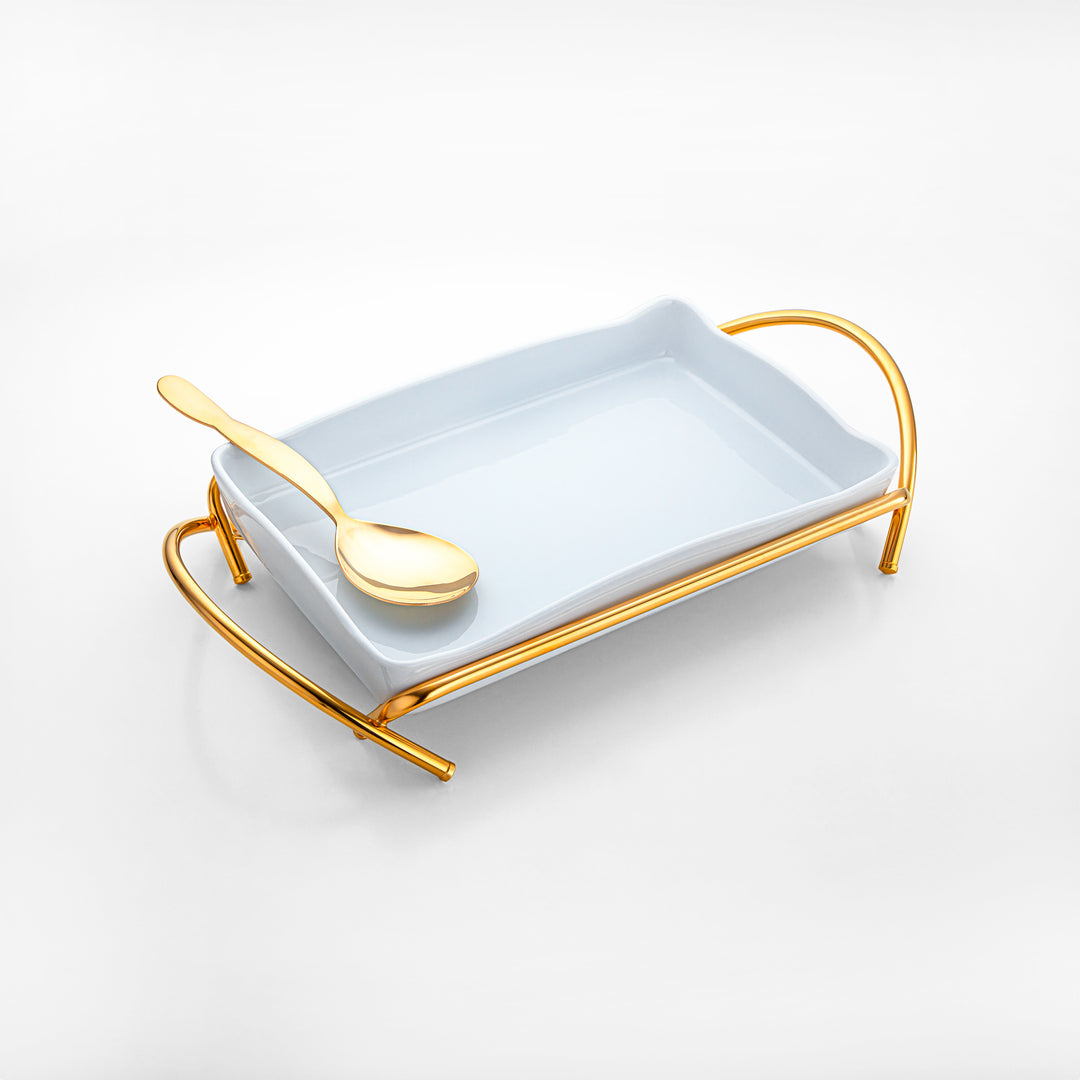 Almarjan Gold-Plated Rectangle Serving Tray with Porcelain Bowl - 40CM, Made in Italy