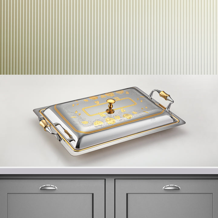 Almarjan 40 CM Lea Collection Stainless Steel Rectangle Serving Tray With Cover Silver & Gold - STS2051260