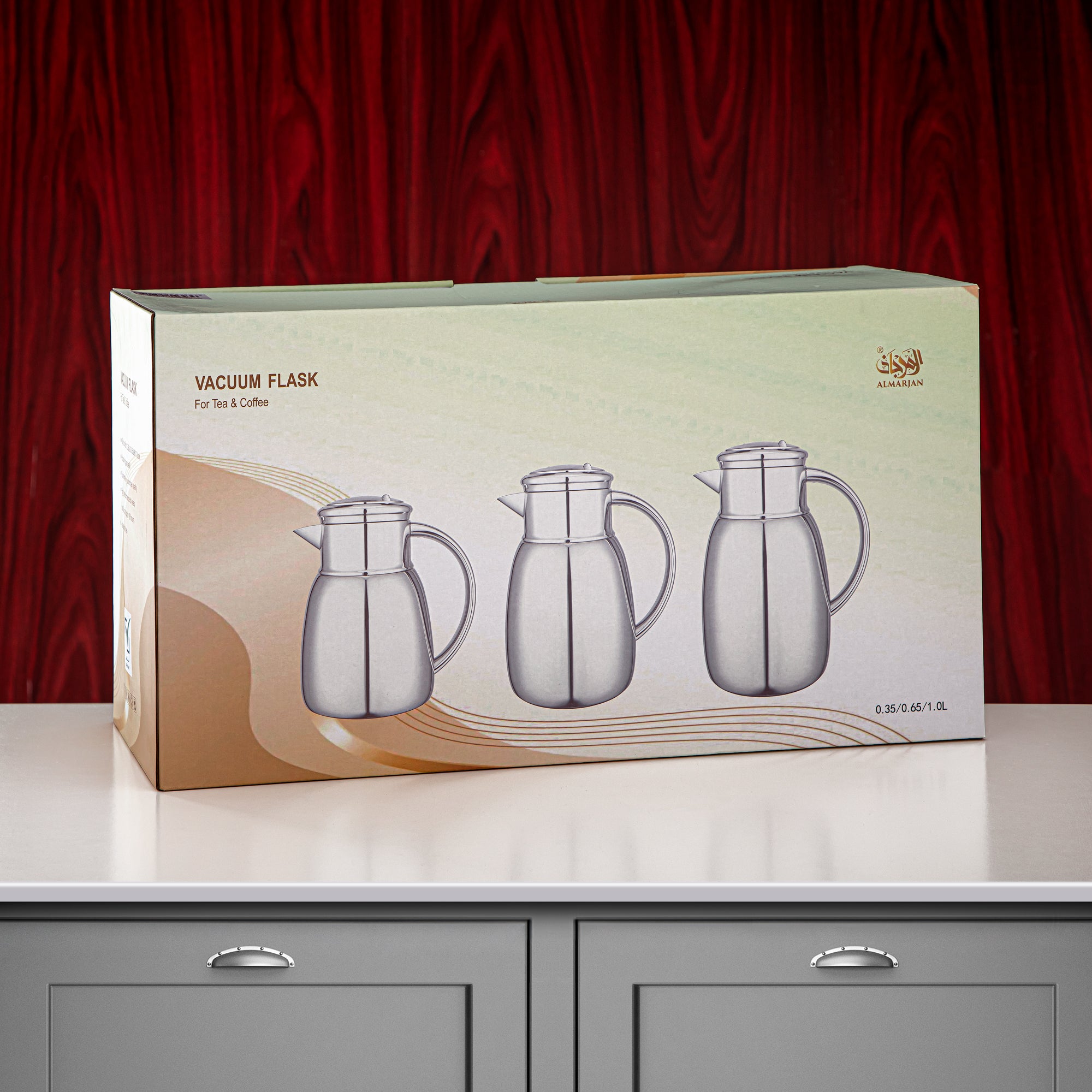 Almarjan Vacuum Flask Set, 0.35L + 0.65L + 1L, Silver & Gold (ULC-0350/0650/1000 CC95) - For Every Occasion